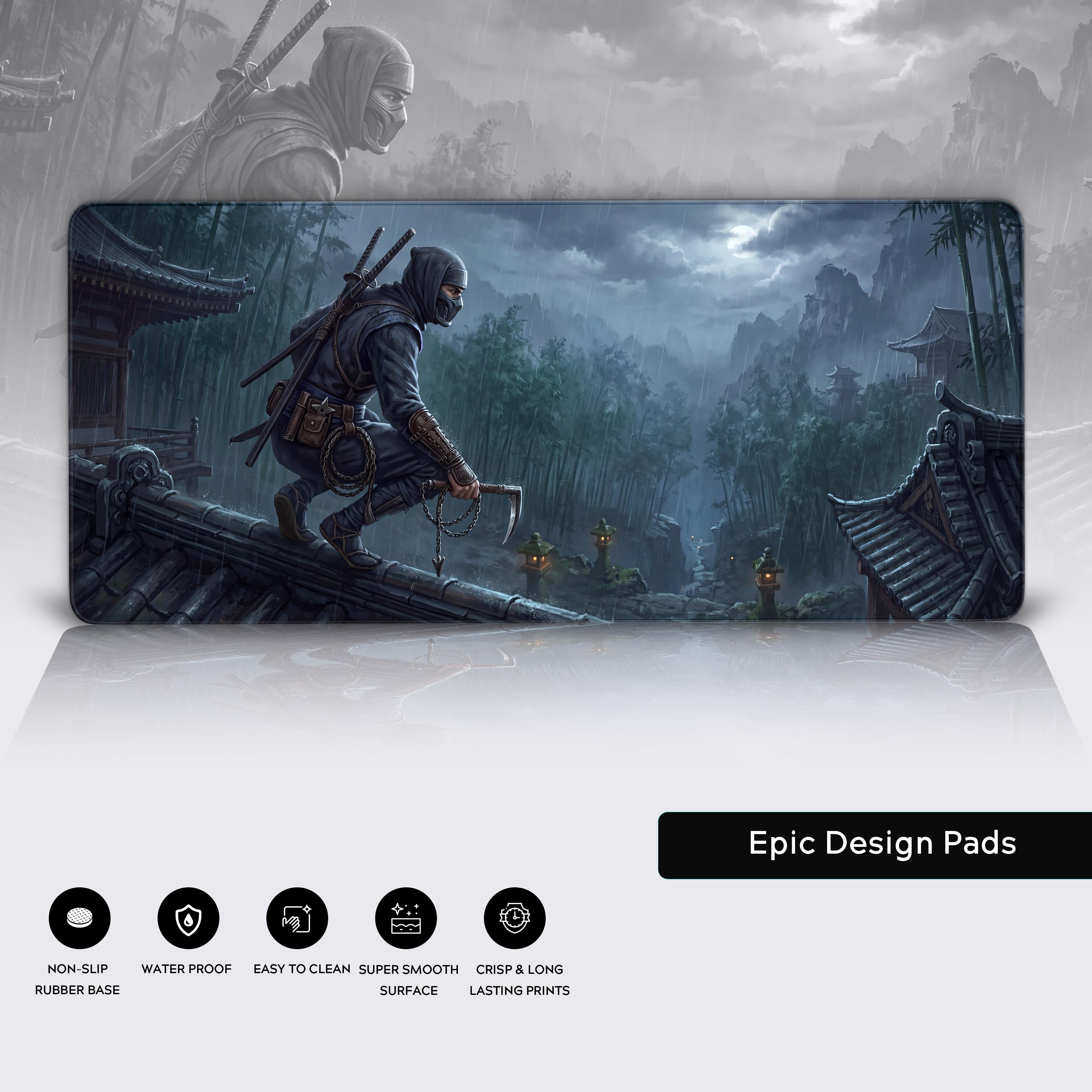 Dark moody Japanese aesthetic desk mat featuring a shinobi warrior in the rain to upgrade your PC gaming setup.