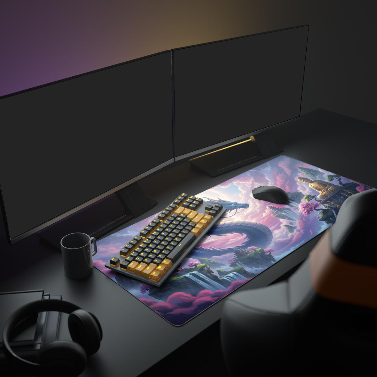 Large Nirvana's Sky desk mat with dragon design shown in a complete office setup with dual monitors, a mechanical keyboard, and headphones, creating an aesthetic workspace. - Epic Design Pads & Mousepads