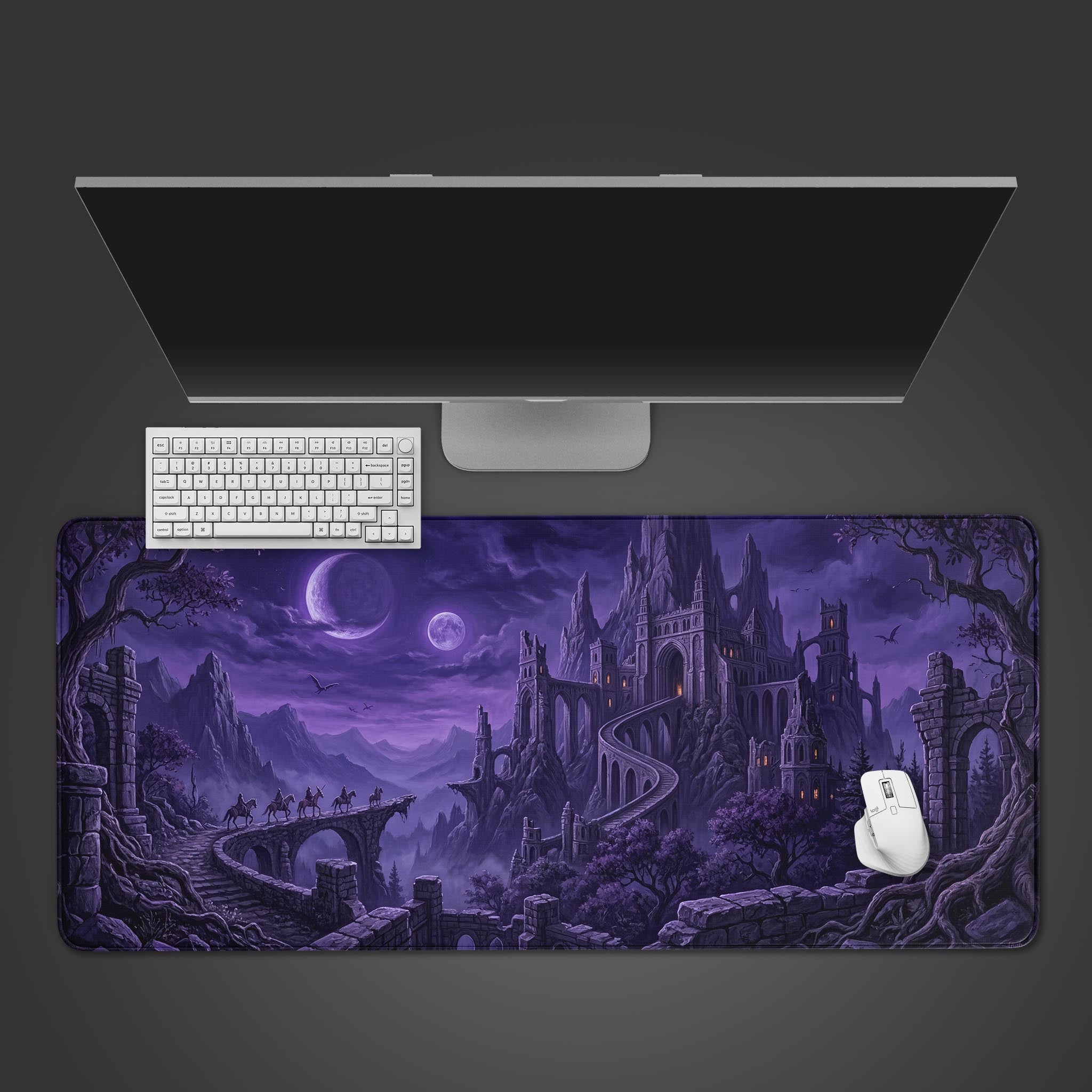 The Nocturnal Citadel gaming desk mat shown from above, with a white keyboard and mouse on its dark fantasy castle design. The purple artwork enhances the desk setup. - Epic Design Pads & Mousepads