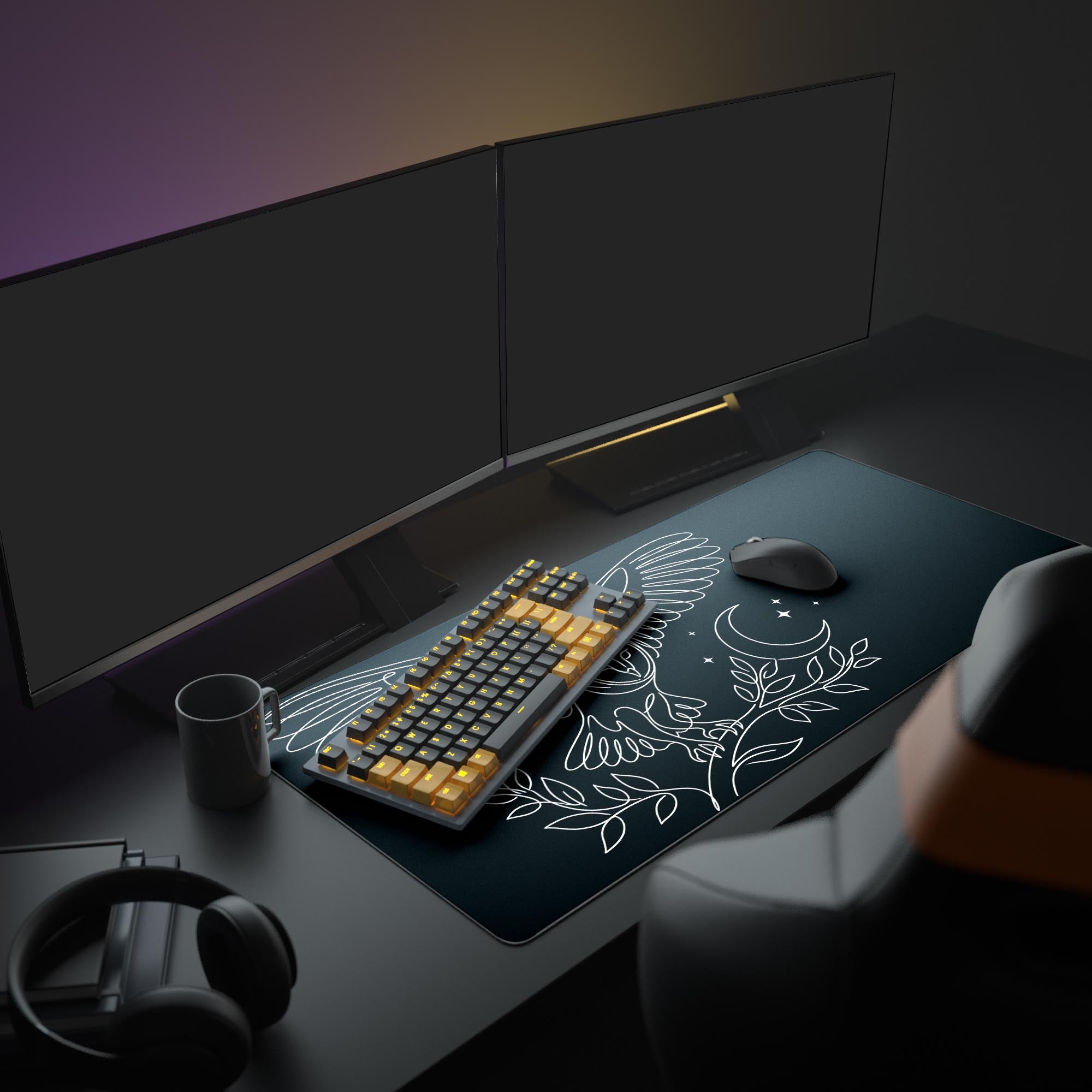 The Nocturnal Focus XL mouse pad enhancing a minimalist desk setup with a monitor, keyboard, and mouse, creating a focused, dark academia aesthetic. - Epic Design Pads & Mousepads