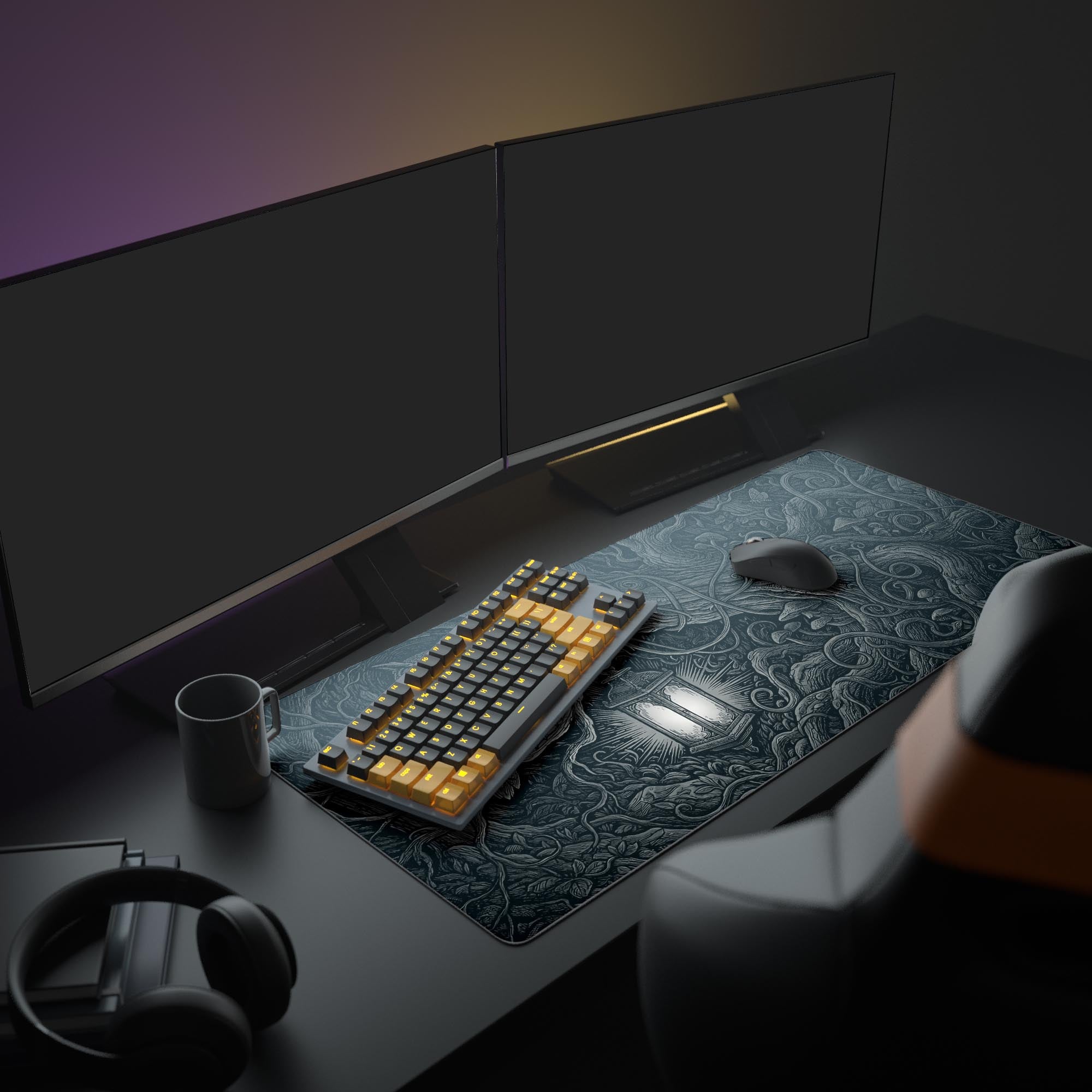 A full desk setup showcasing the XL Nocturnal Roots mouse pad, providing ample space for a gaming keyboard, mouse, and monitor in a moody, focused workspace. - Epic Design Pads & Mousepads