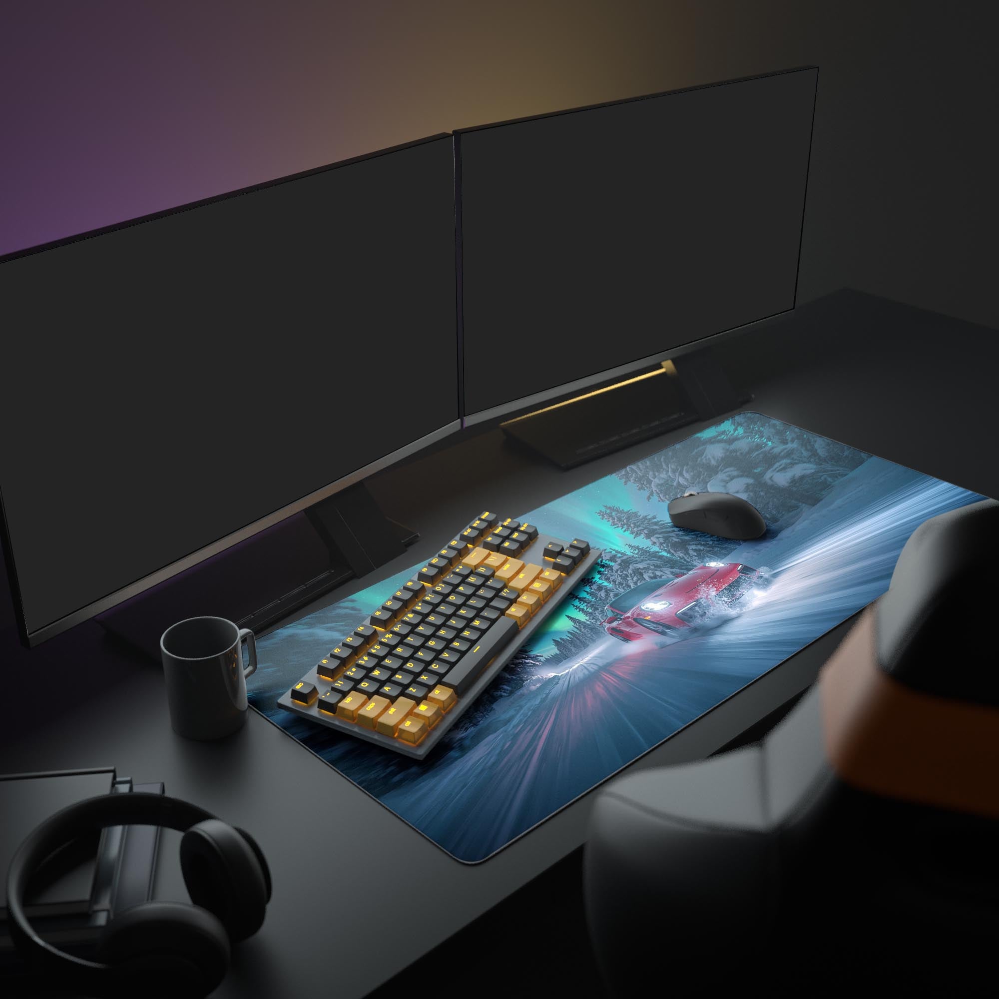 Large Northern Drive car desk mat in a complete gaming setup with dual monitors, headphones, and ambient lighting. - Epic Design Pads