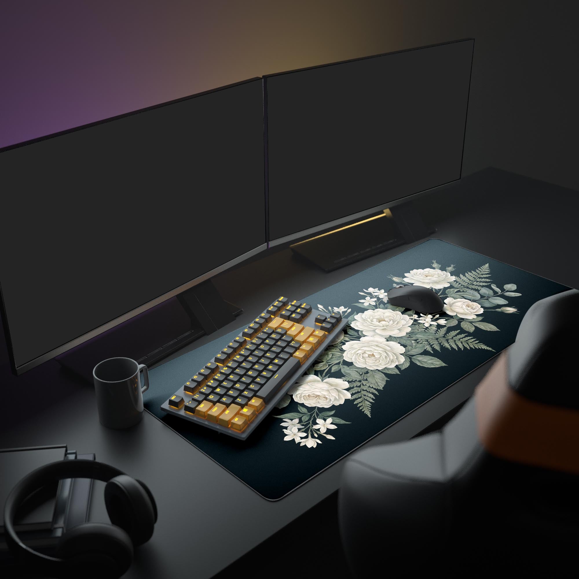 A complete desk setup featuring the Obsidian Bloom floral mouse pad, creating a Dark Academia aesthetic with multiple monitors and a clean, organized workspace. - Epic Design Pads & Mousepads