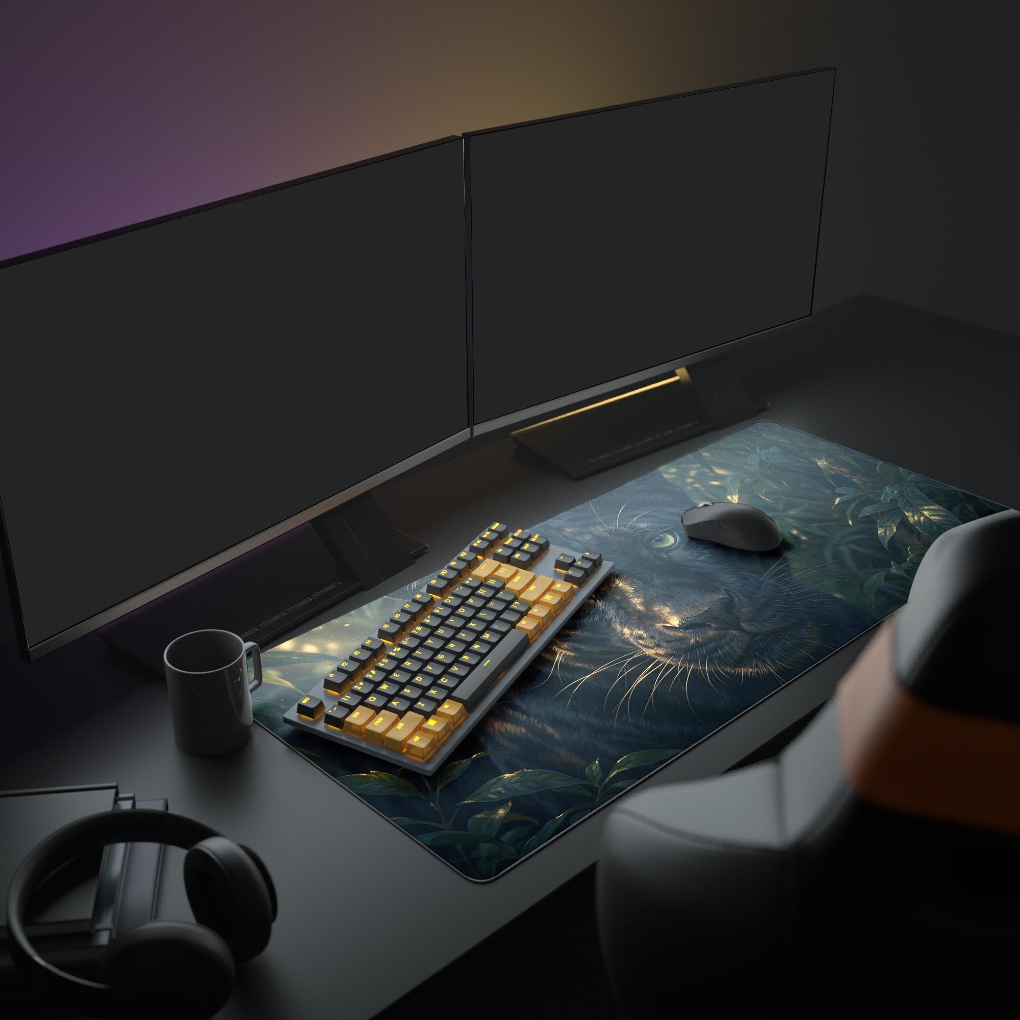 A full gaming setup featuring the black panther mouse pad, which complements the dark aesthetic of the glowing keyboard, multiple monitors, and other peripherals, creating an immersive workspace. - Epic Design Pads & Mousepads