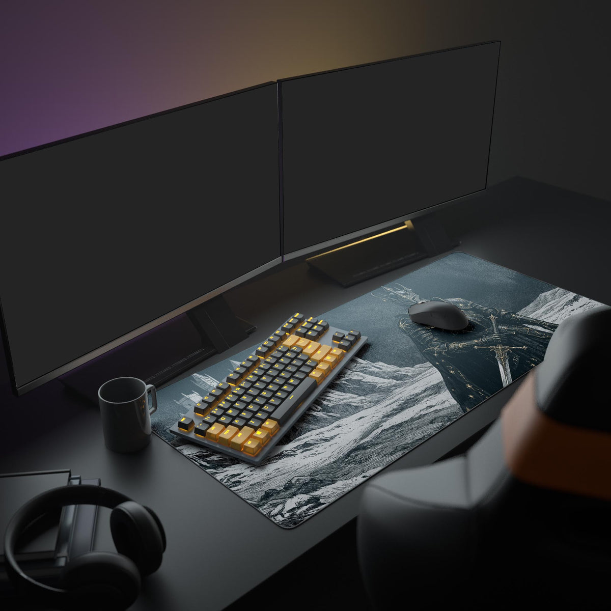 A complete gaming setup showcasing the Obsidian Sovereign XL mouse pad, with a large monitor and peripherals, creating a dark fantasy aesthetic. - Epic Design Pads & Mousepads