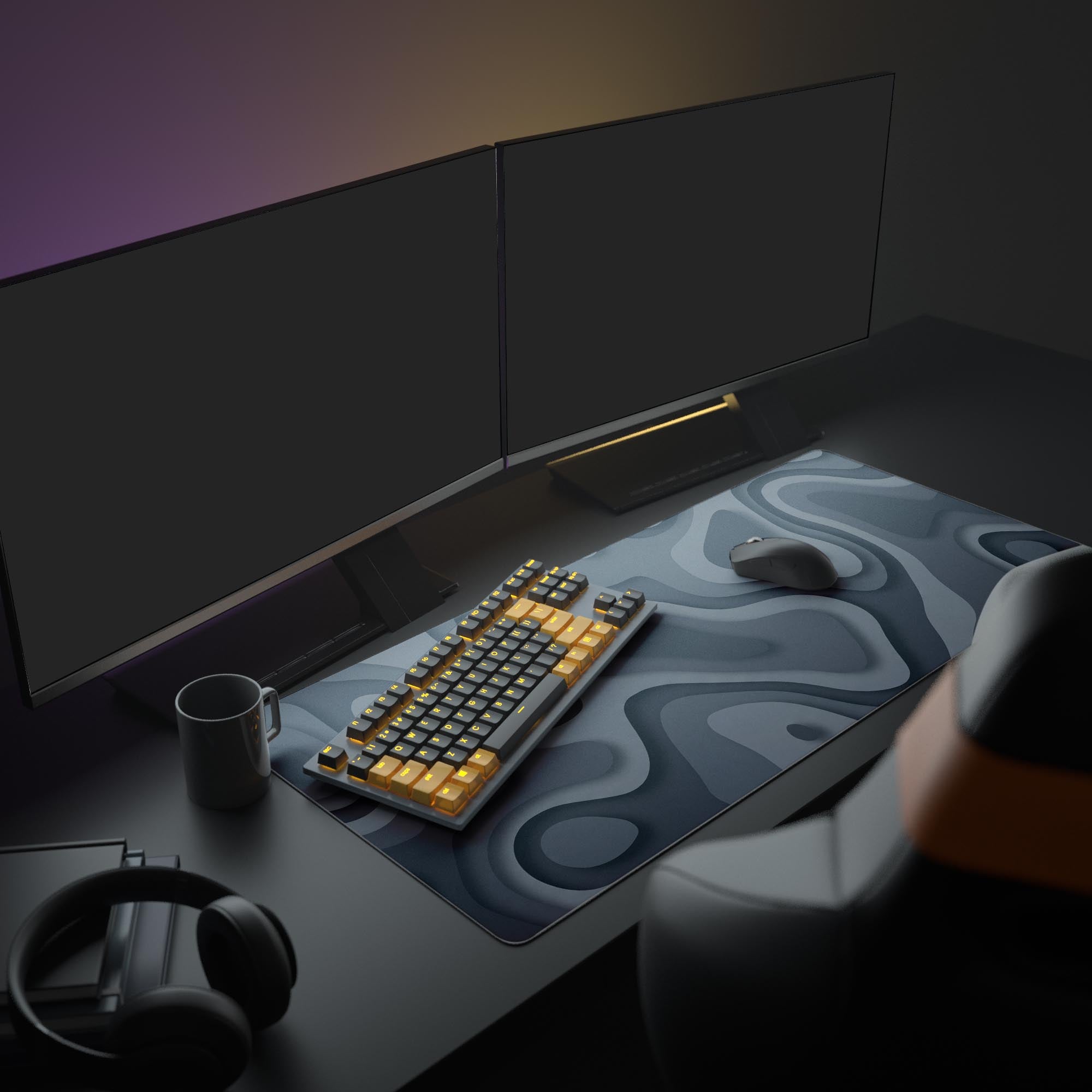 A clean, minimalist PC setup featuring the Obsidian Strata abstract mouse pad. The dark, layered design complements a modern monitor, white gaming keyboard, and mouse. - Epic Design Pads & Mousepads
