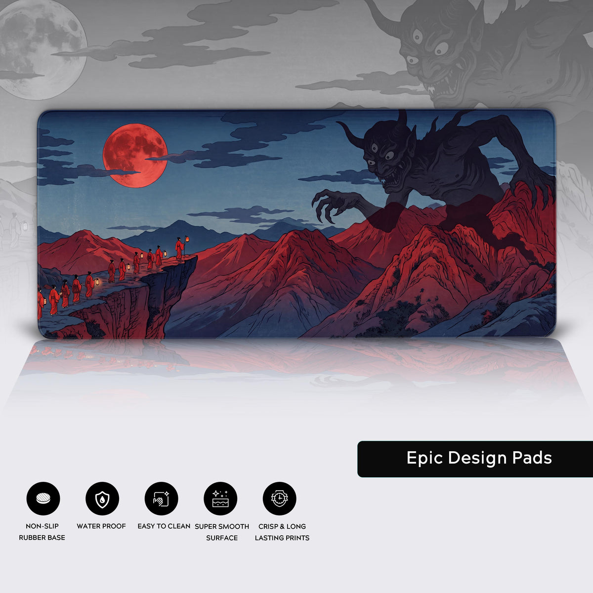 Features panel: full mat with red moon, lantern bearers and horned demon over red peaks, five feature icons below