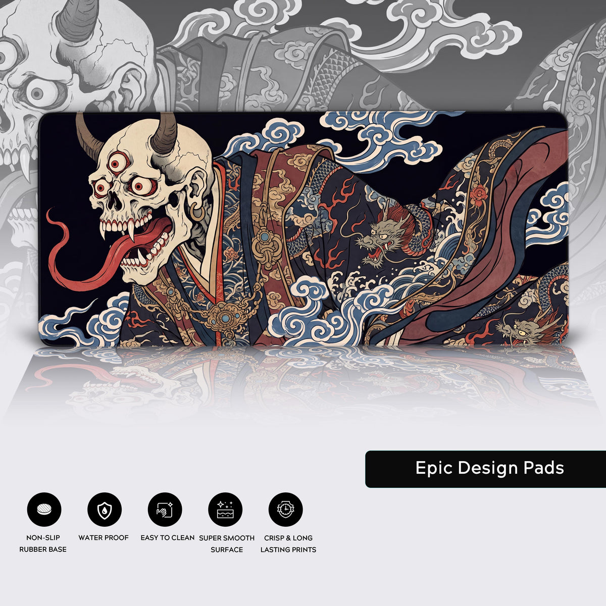 Features panel: full three-eyed oni skull and dragon kimono mat over a faded copy of its art, five feature icons below
