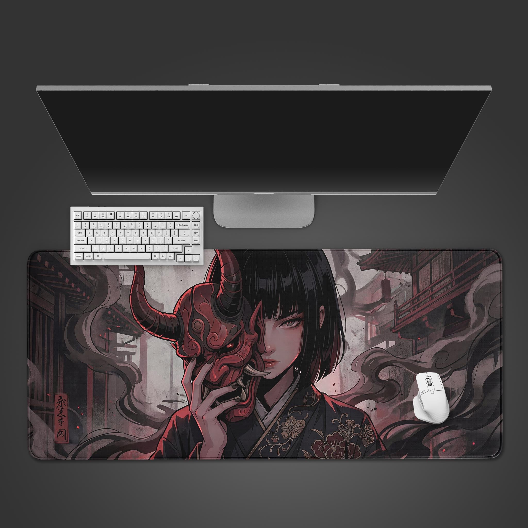 Top-down view of the Oni's Shadow gaming desk mat featuring an anime girl with a demon mask, shown with a white keyboard and mouse on a dark surface. - Epic Design Pads & Mousepads