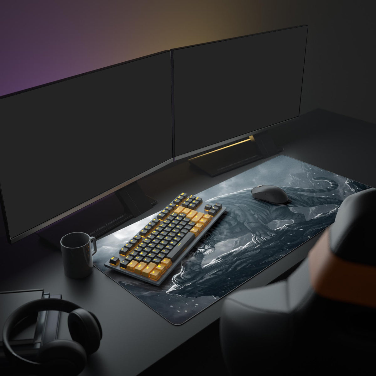 A full PC gaming setup featuring the Onyx Predator tiger mouse pad, creating a dark aesthetic with a monitor, keyboard, and mouse. - Epic Design Pads & Mousepads