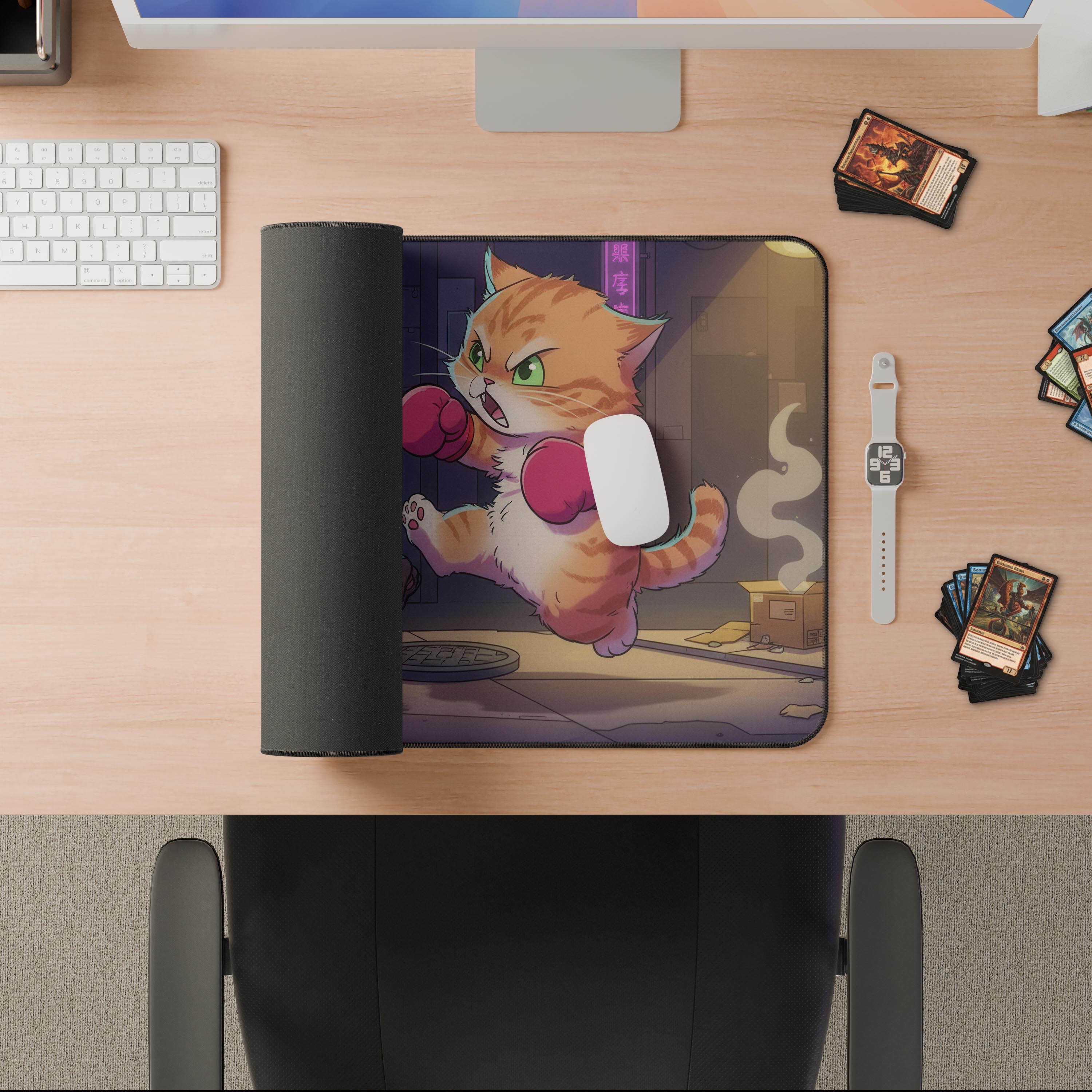 Feline Fisticuffs desk mat featuring a cartoon orange tabby cat in pink boxing gloves mid-leap in a neon-lit urban street scene - Epic Design Pads & Mousepads