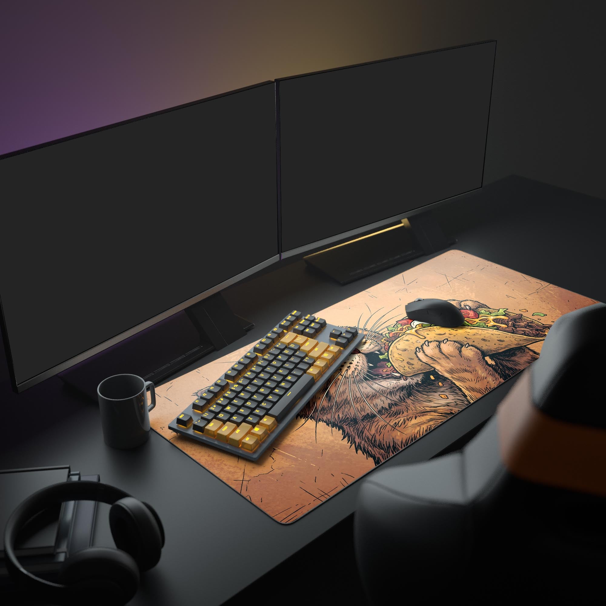 Detailed view of the vintage textured background and vibrant taco cat artwork on a gaming mouse pad