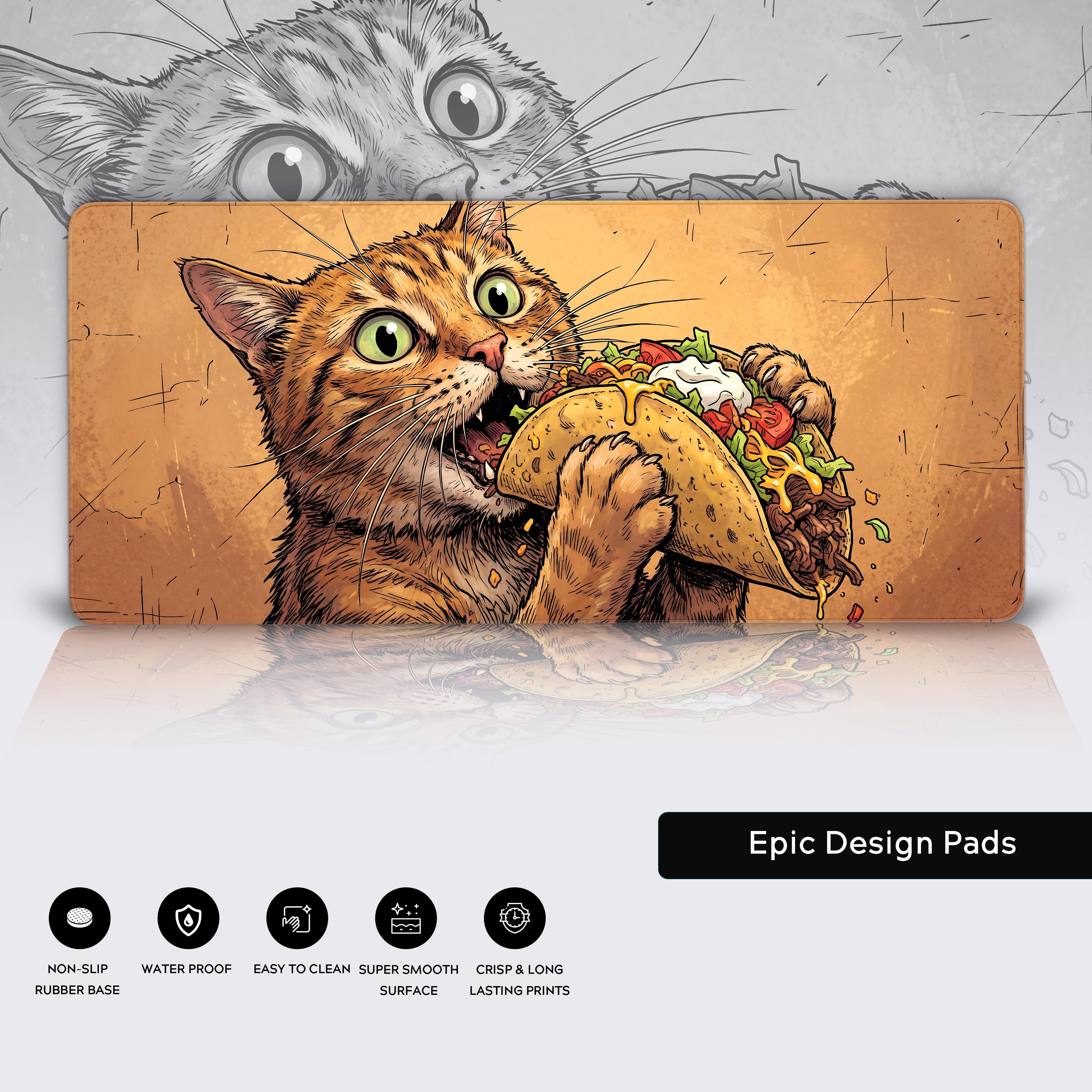 Epic Design Pads logo next to a premium taco cat XL desk pad reflecting on a sleek desk surface