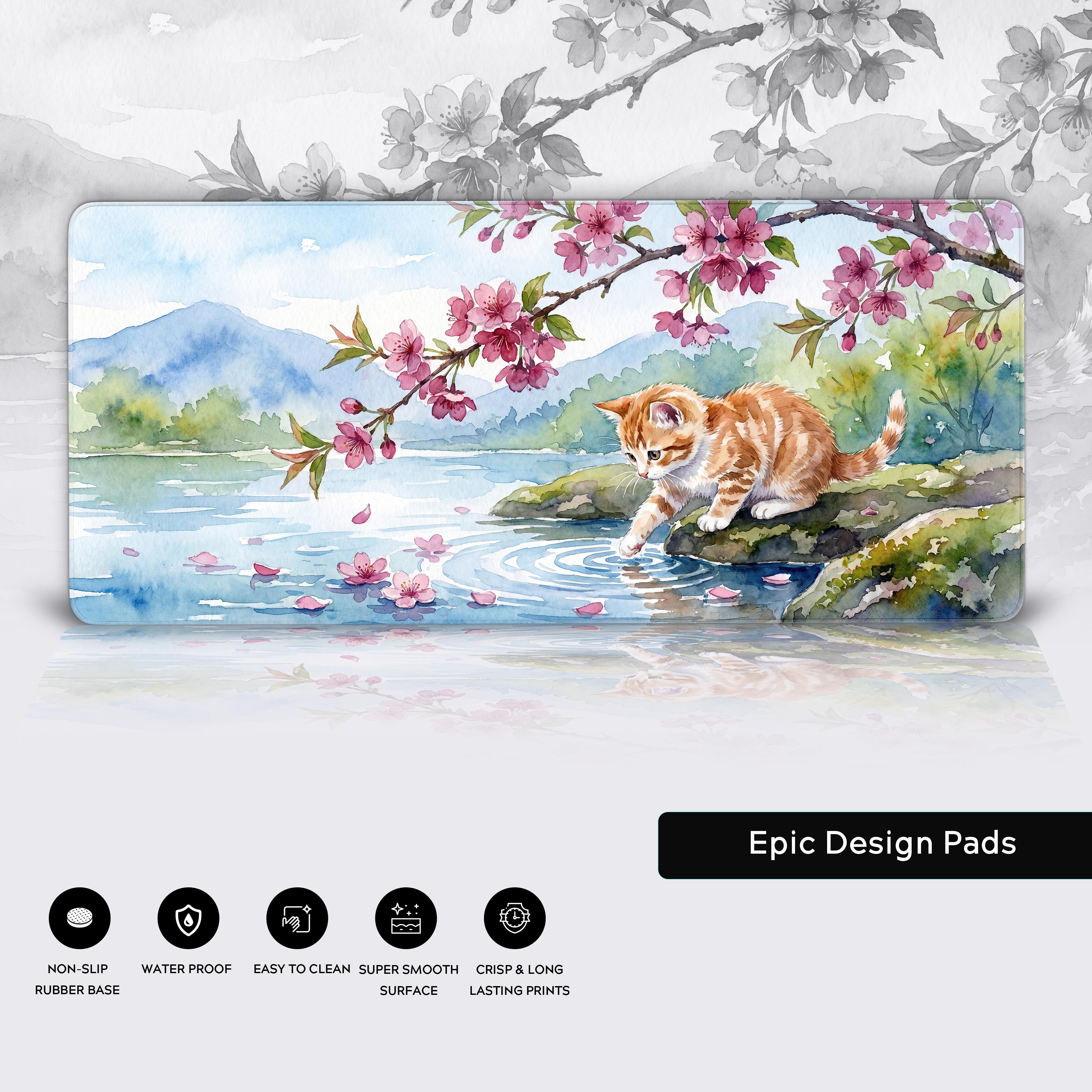 Kawaii spring aesthetic desk setup with a cherry blossom and kitten printed XXL mouse pad