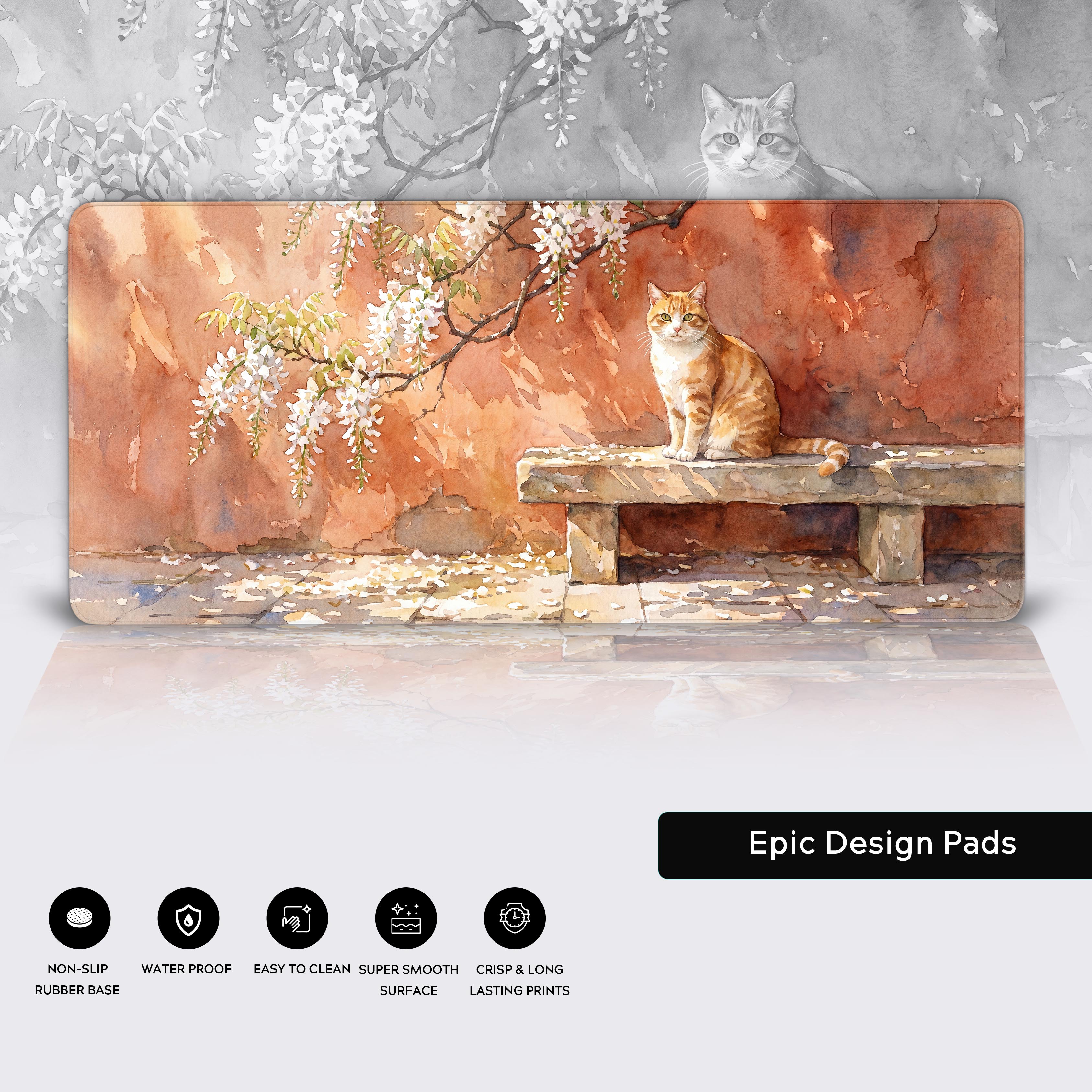 Cozy desk setup featuring a serene watercolor cat and floral XL mousepad