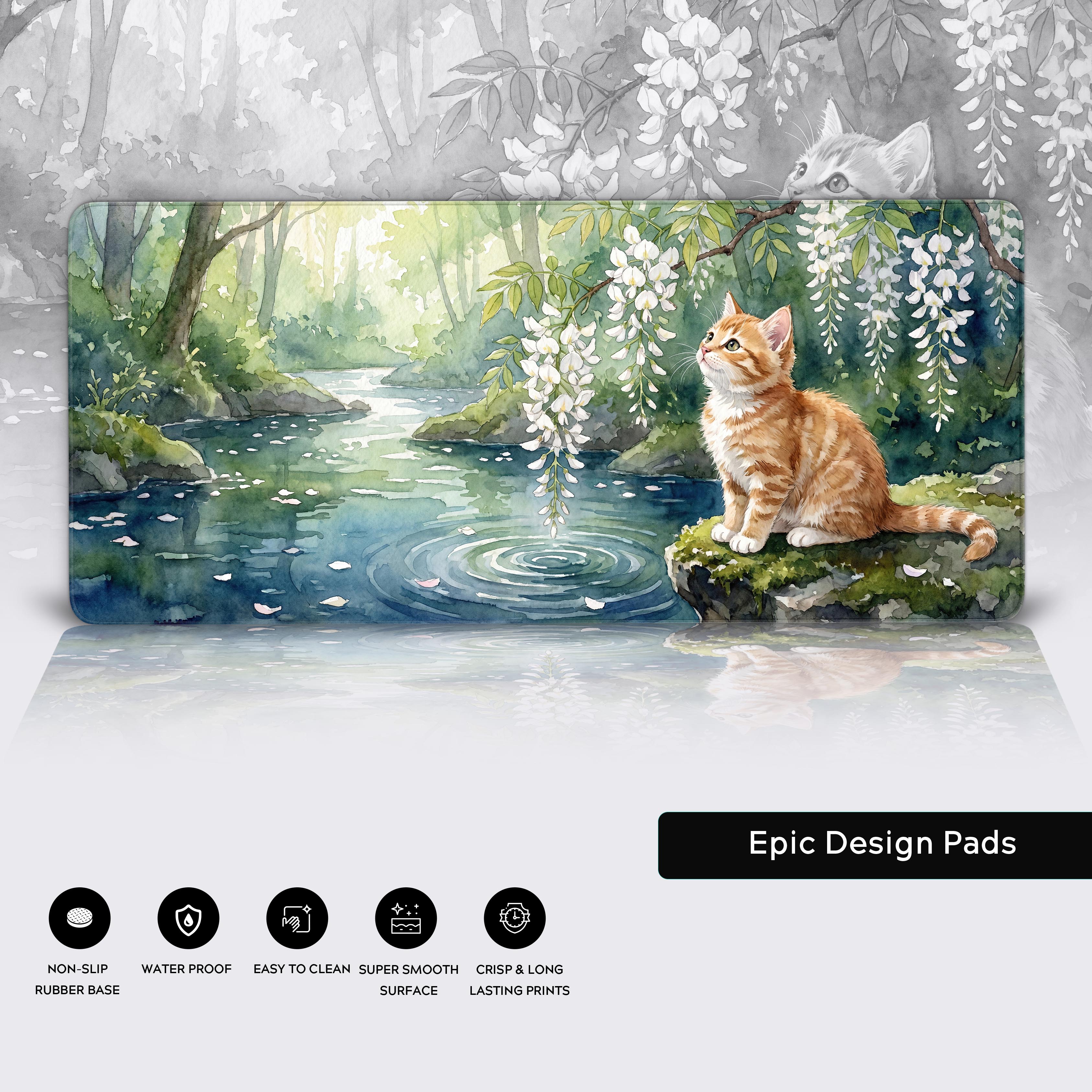Calming nature aesthetic desk mat showcasing a cute kitten by a stream with a forest background