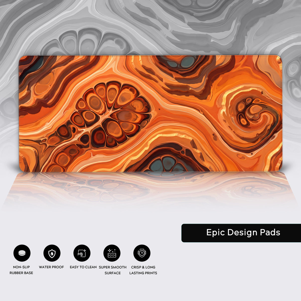 Features panel with the orange fluid art desk mat over a faded gray copy of its art and five feature icons below.