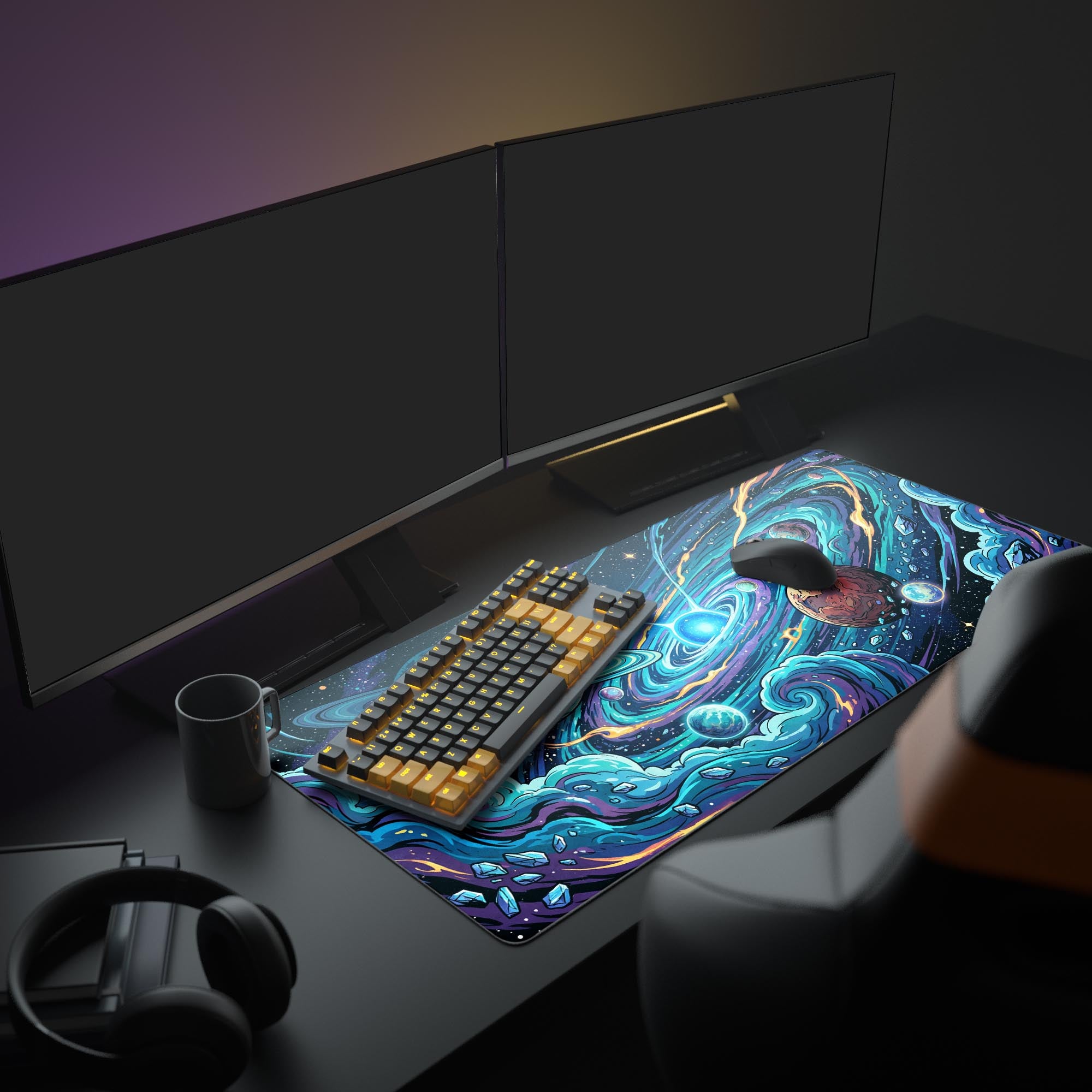 A full PC setup showcasing the Orbital Chaos gaming desk mat, with dual monitors and peripherals, creating a vibrant space-themed workspace aesthetic. - Epic Design Pads & Mousepads