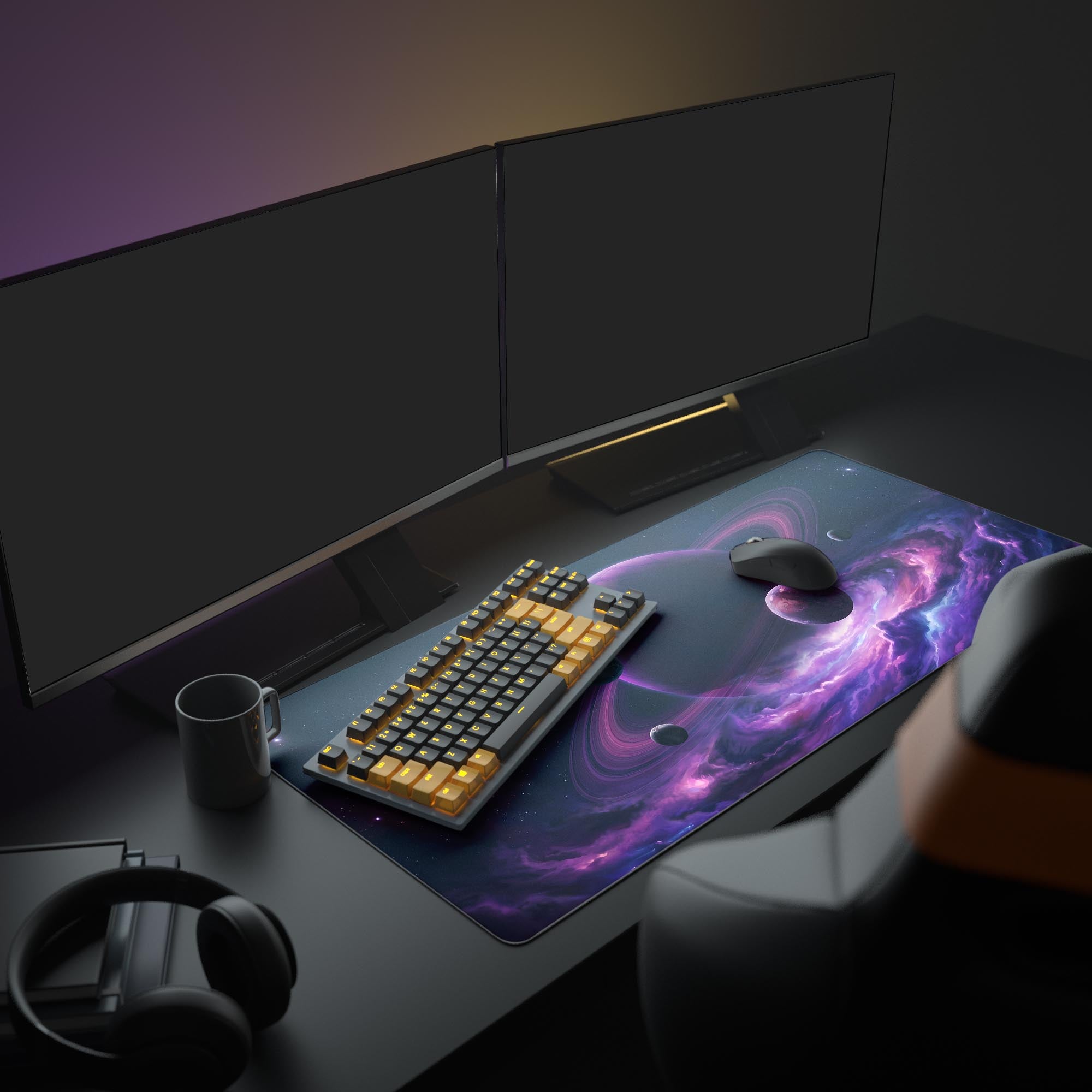 The Orbital Command mouse pad enhances a full gaming setup, showcasing its large size under multiple monitors and a keyboard, creating a vibrant cosmic aesthetic. - Epic Design Pads & Mousepads