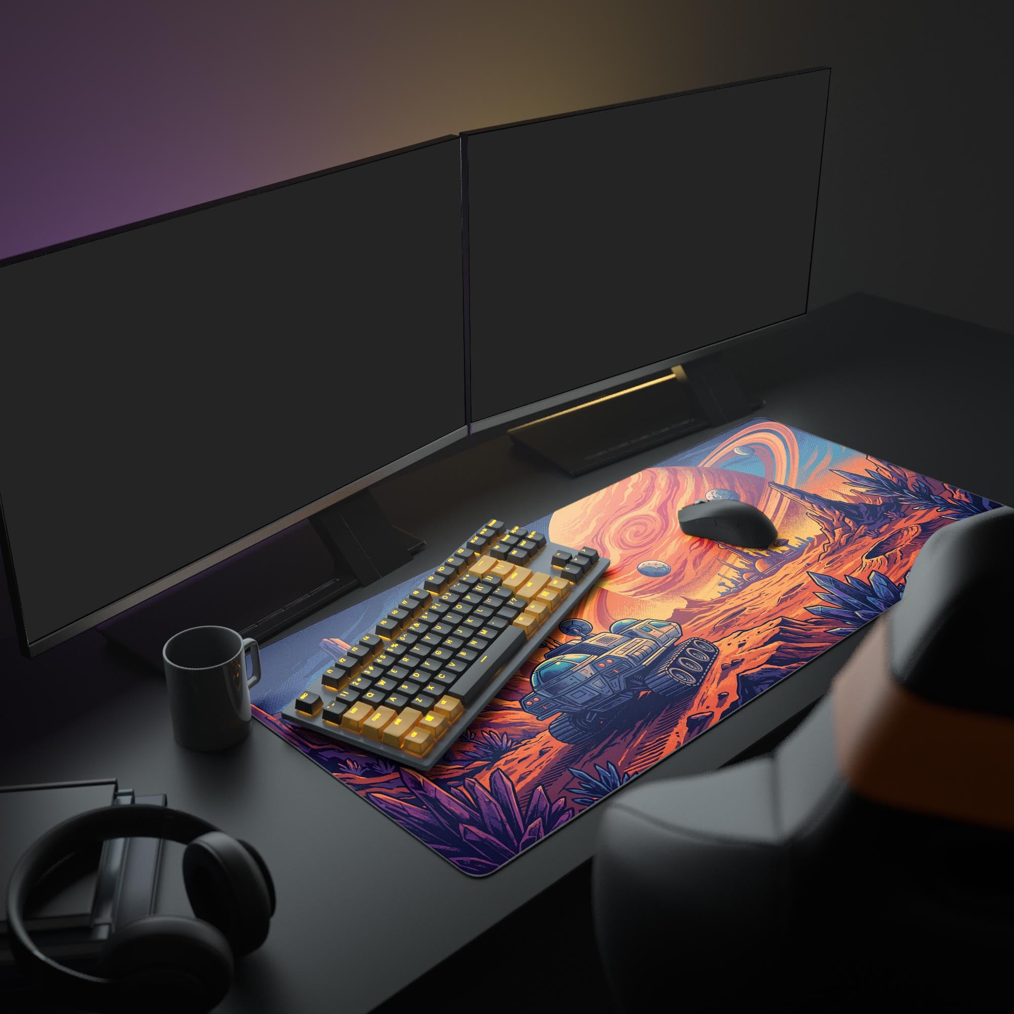 An immersive gaming setup showcasing the Orbital Outpost mouse pad, its vibrant alien world art tying together a PC monitor, a white mechanical keyboard, and an ergonomic mouse. - Epic Design Pads & Mousepads