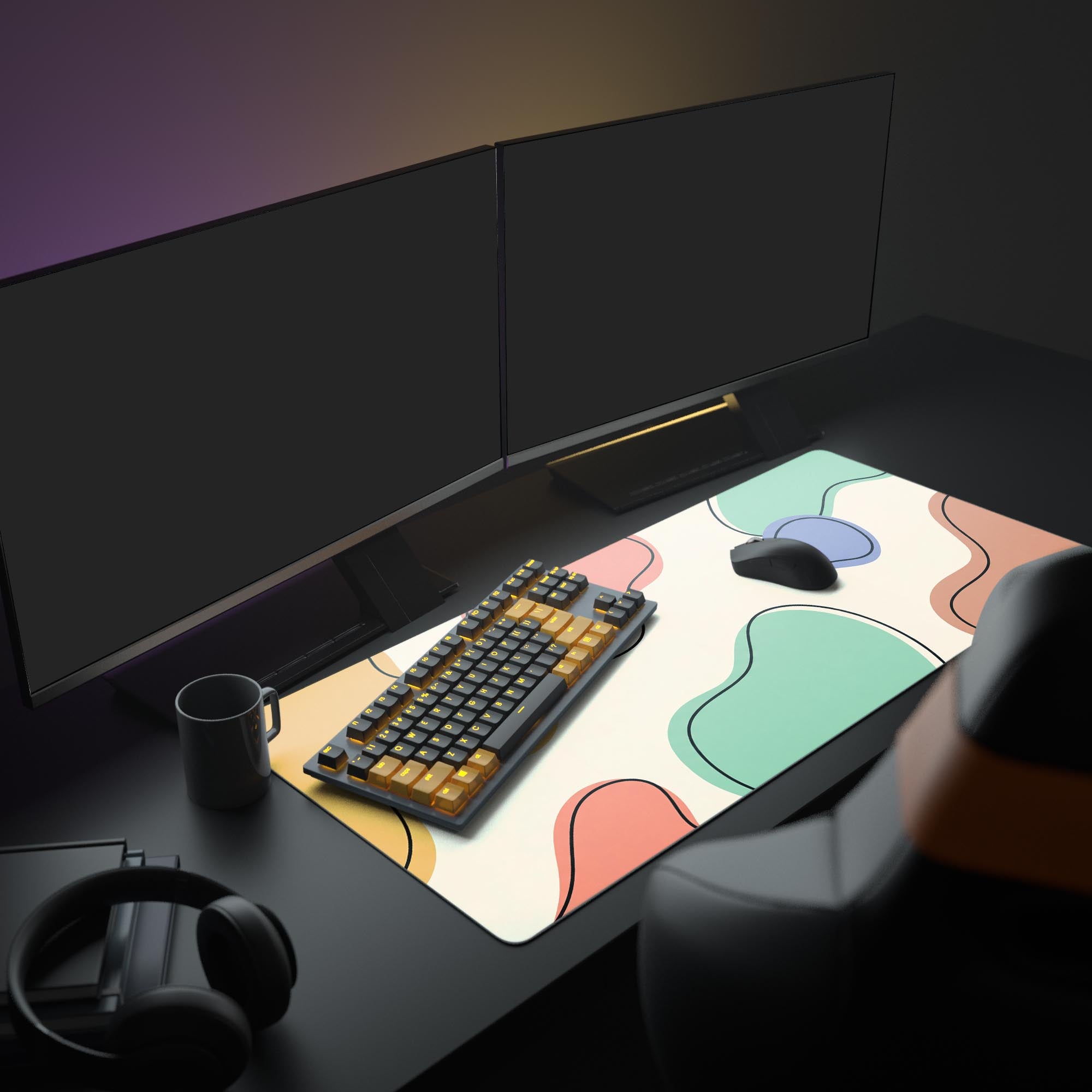 A vibrant home office setup featuring the Organic Convergence Gaming Desk Mat, unifying a sleek monitor, white mechanical keyboard, and ergonomic mouse for a creative workspace. - Epic Design Pads & Mousepads