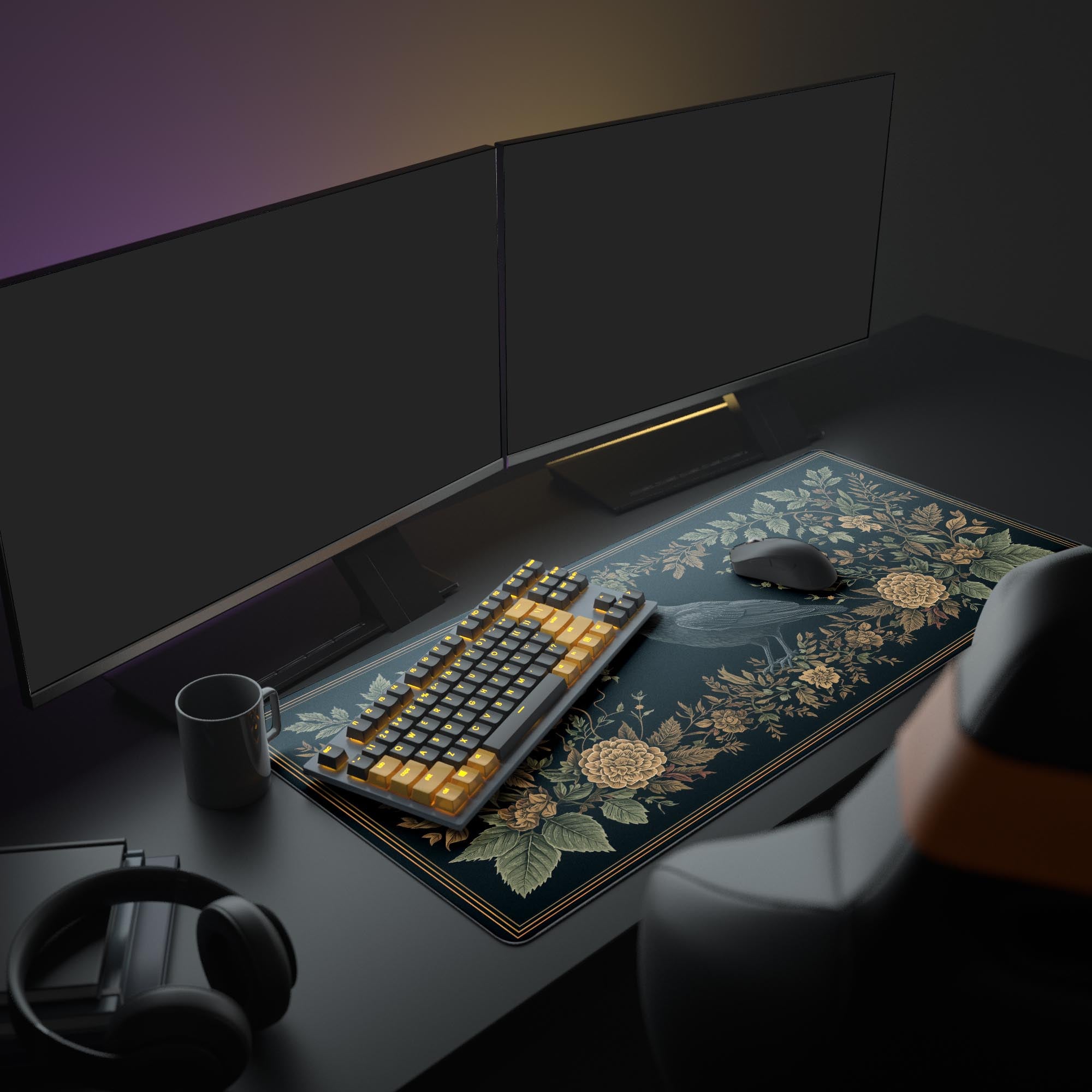 Large Ornate Raven desk mat in a dark academia themed setup with books, dual monitors, and a mechanical keyboard. - Epic Design Pads & Mousepads