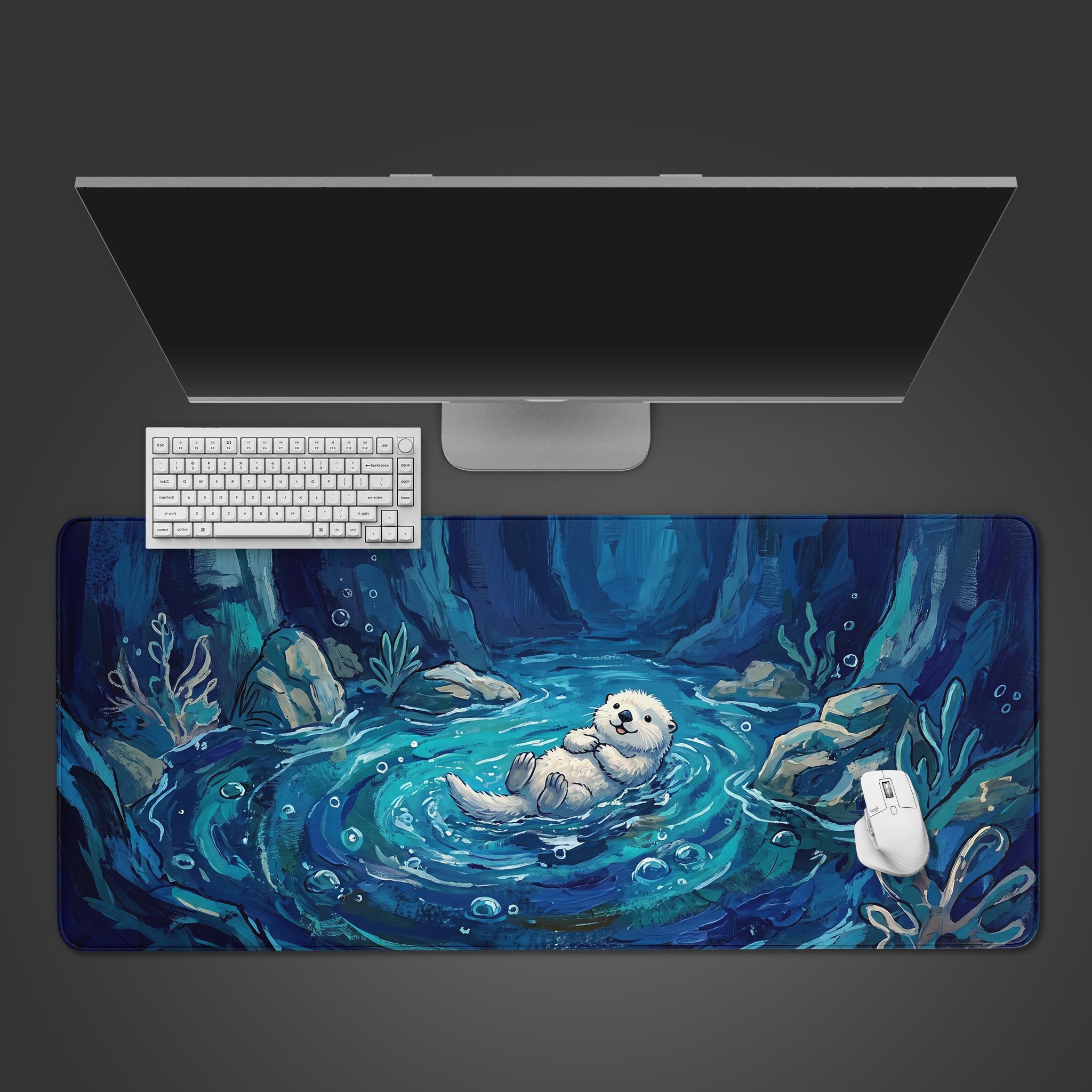 A desk mat featuring a cute white otter floating on its back in a vibrant blue underwater grotto.