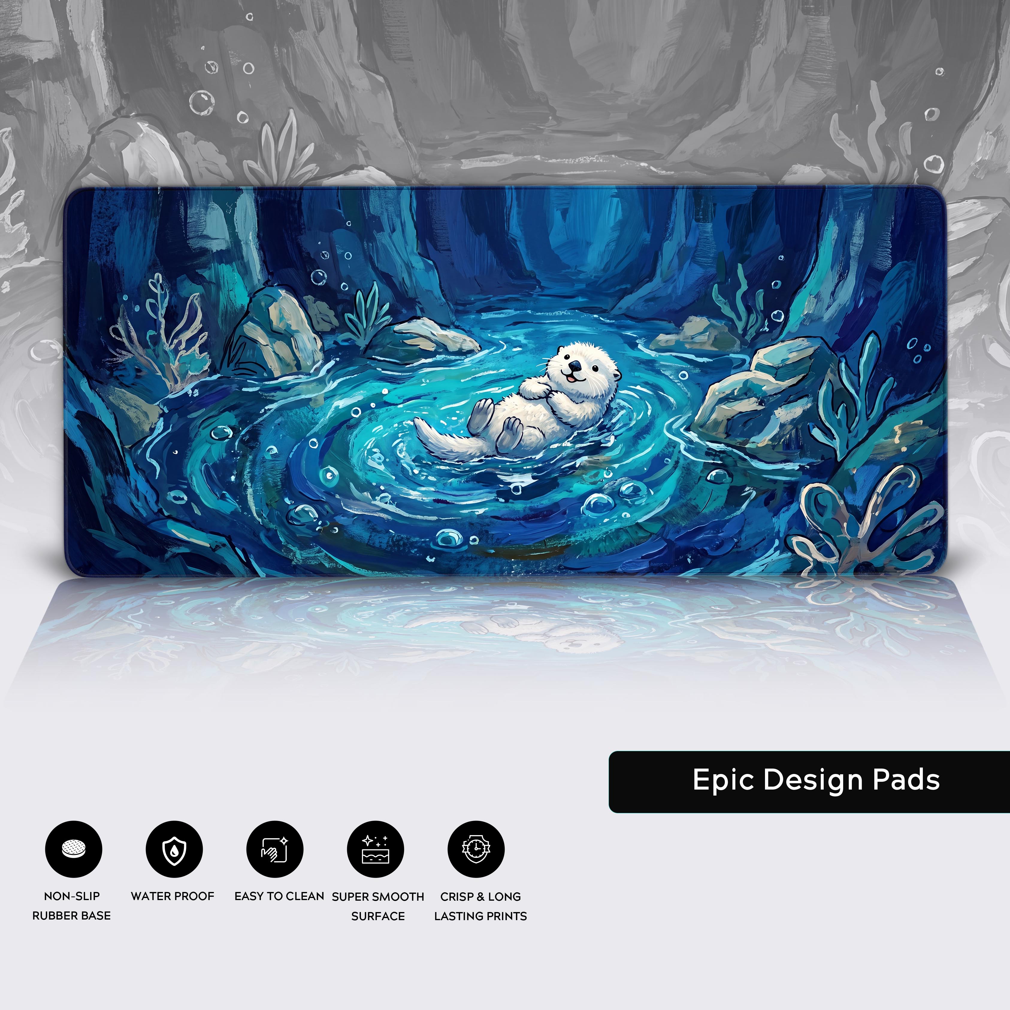 Product layout of the floating otter desk mat showing its placement over a reflective surface with feature icons below.