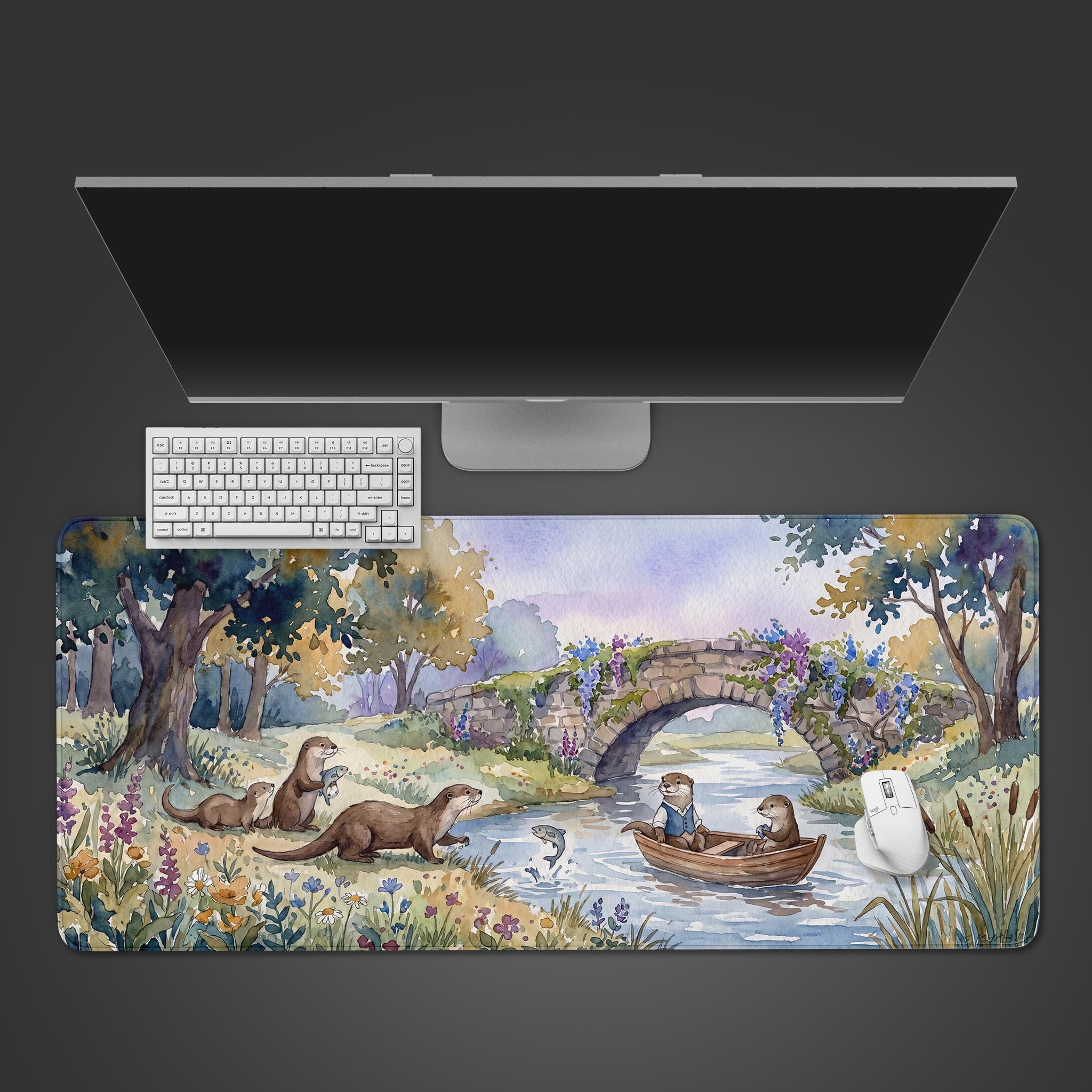 Watercolor illustration of cute otters playing by a river on a large gaming desk mat.