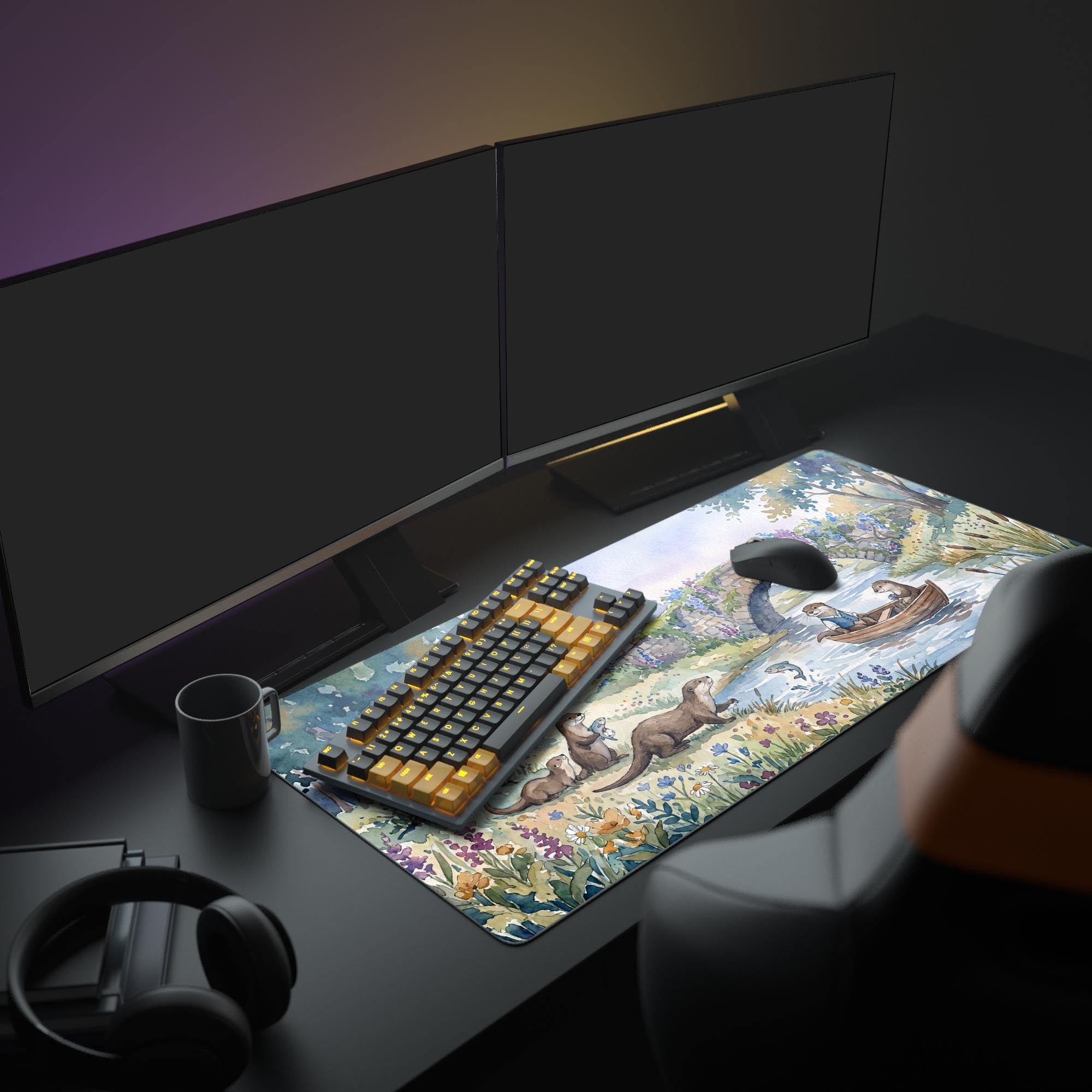 Close-up of the River Otters desk mat showing a detailed stone bridge with purple flowers and otters in a wooden boat.