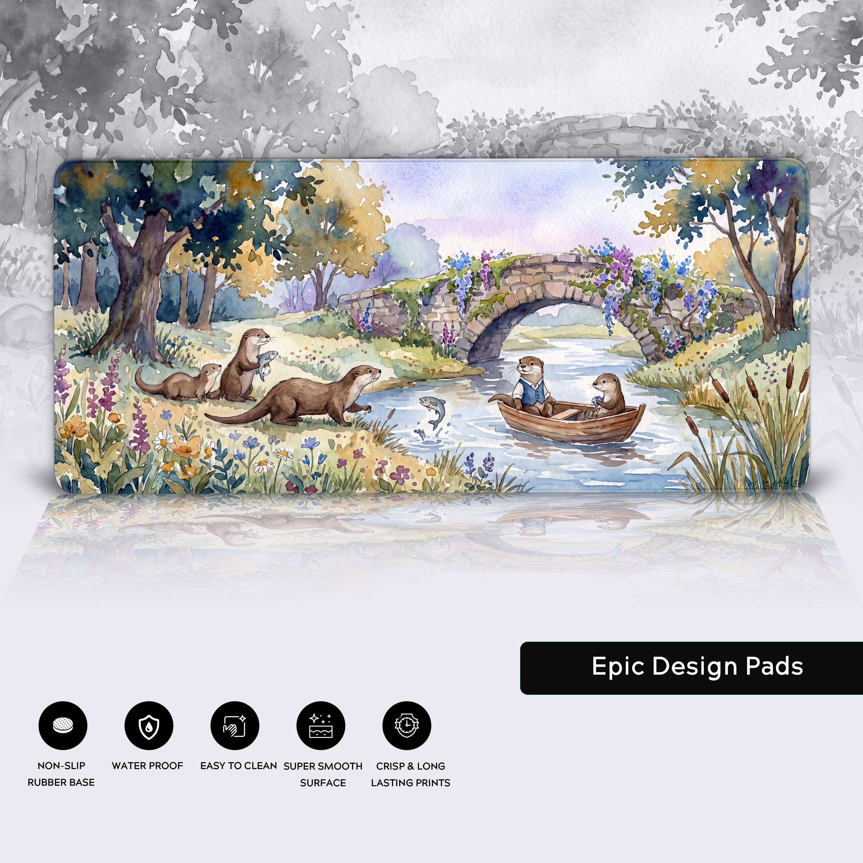 Full view of the watercolor river landscape desk mat with adorable otters, perfect for a cozy cottagecore desk setup.