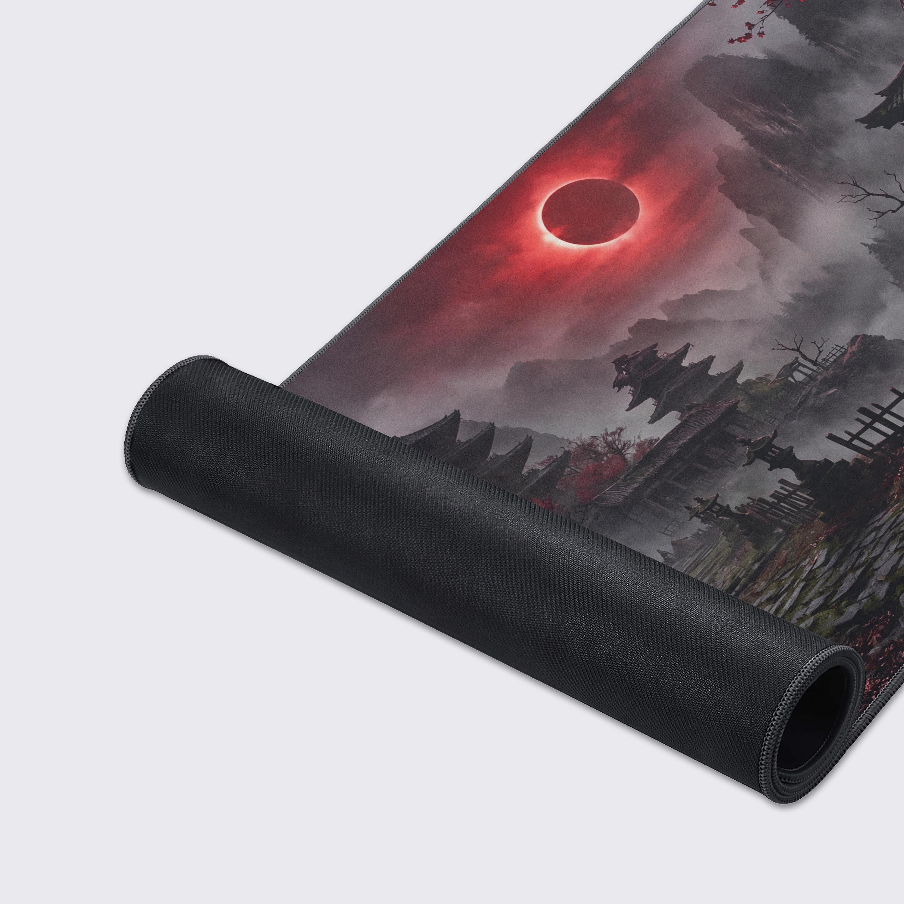 Detailed view of the wanderer silhouette and stone statues on the dark fantasy gaming mat