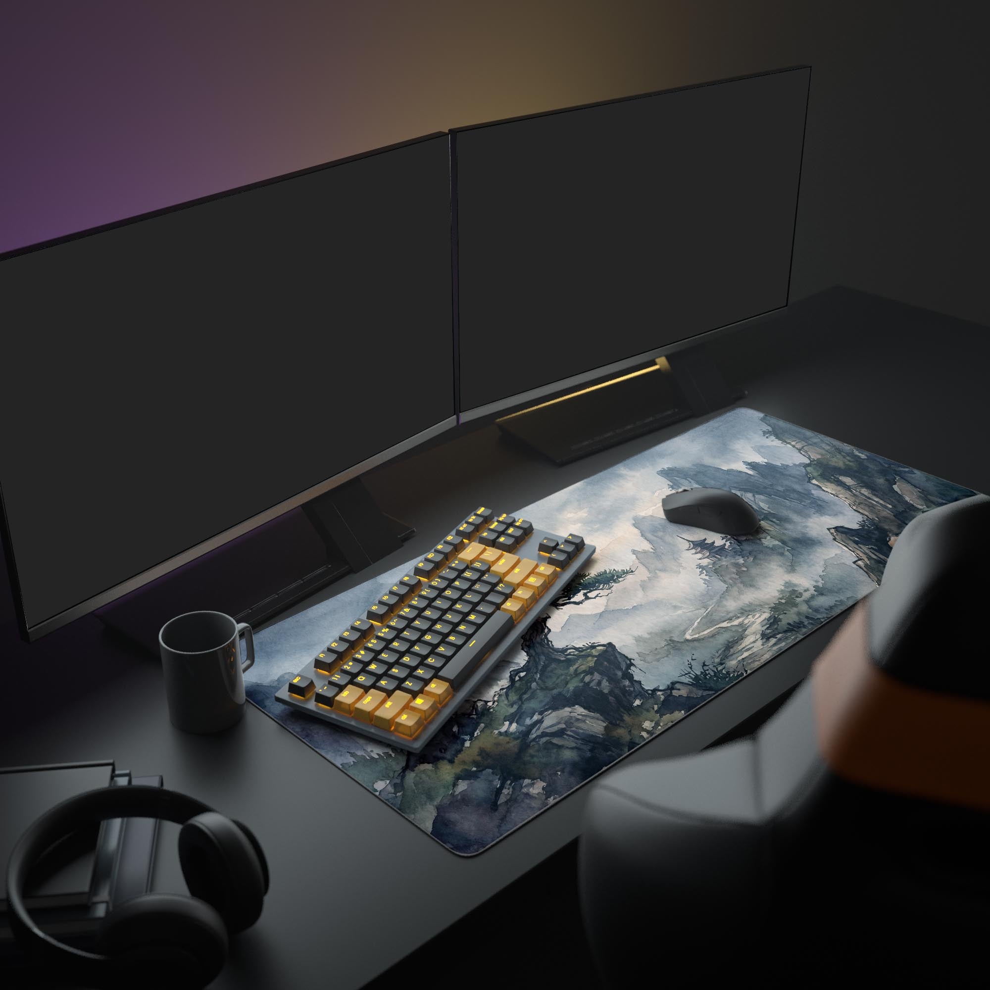 Close-up of traditional East Asian ink wash painting design on a waterproof gaming mouse pad