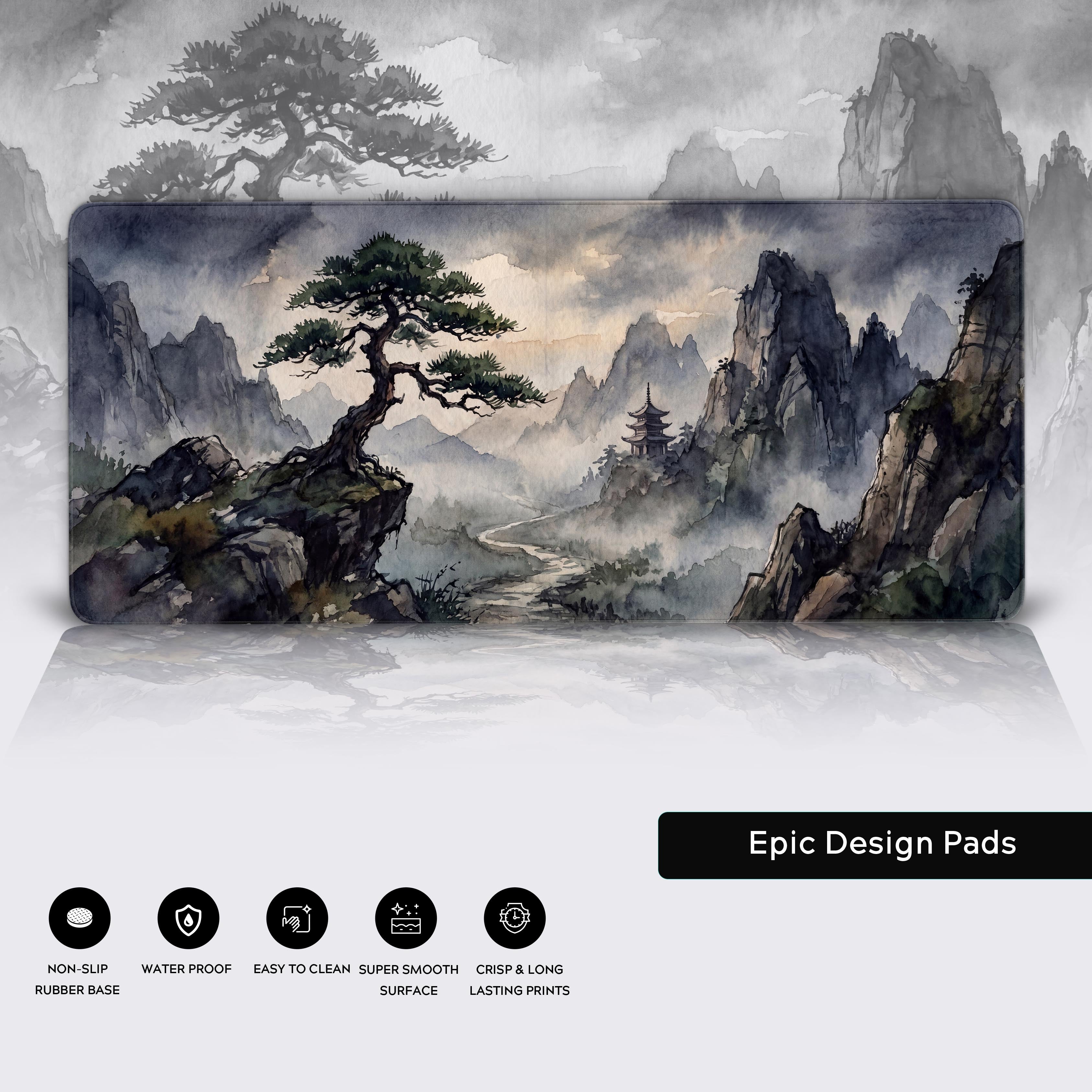 Wide view of the Ink Wash Pagoda XL desk mat showing serene traditional landscape art