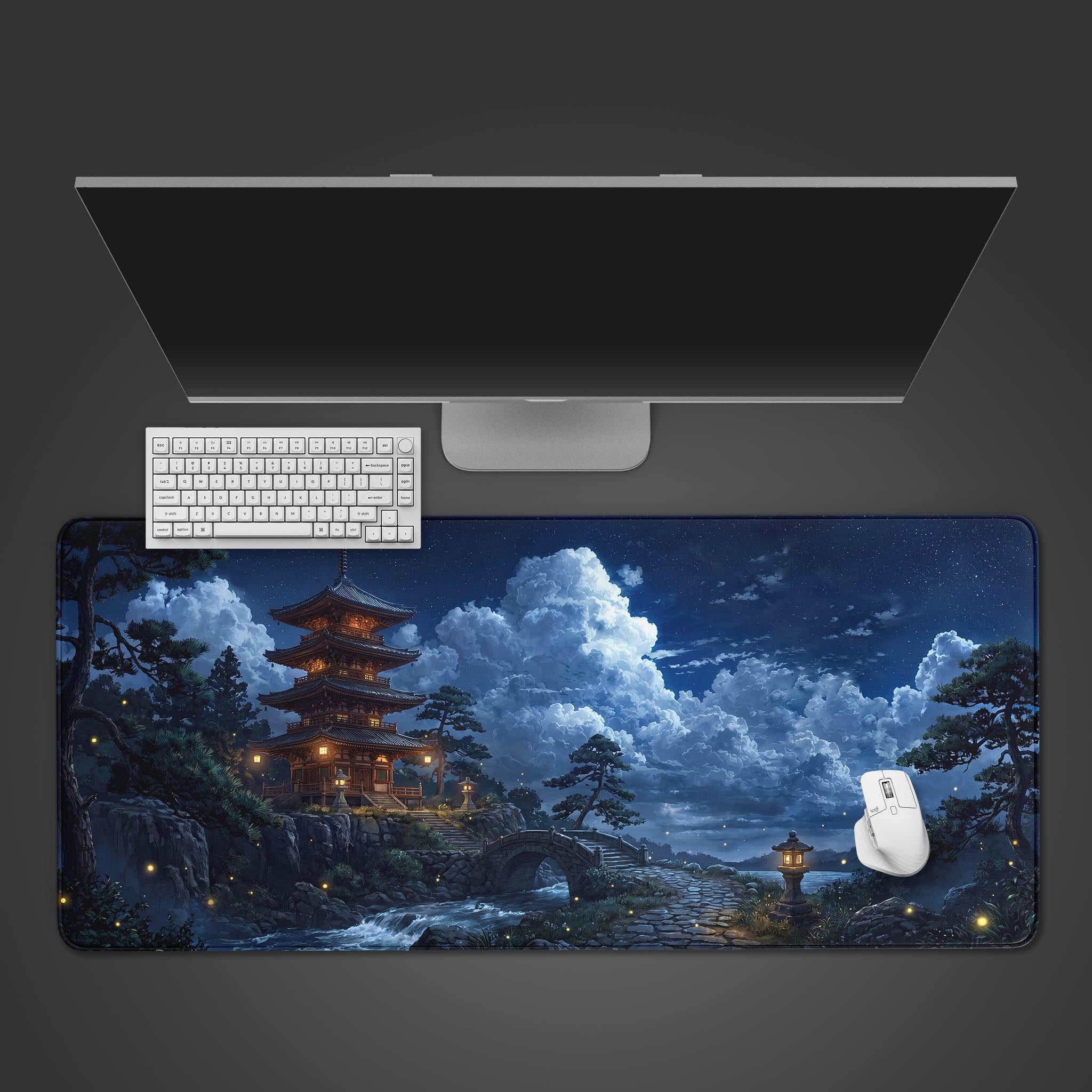 Large Midnight Pagoda desk mat featuring a traditional Japanese temple at night