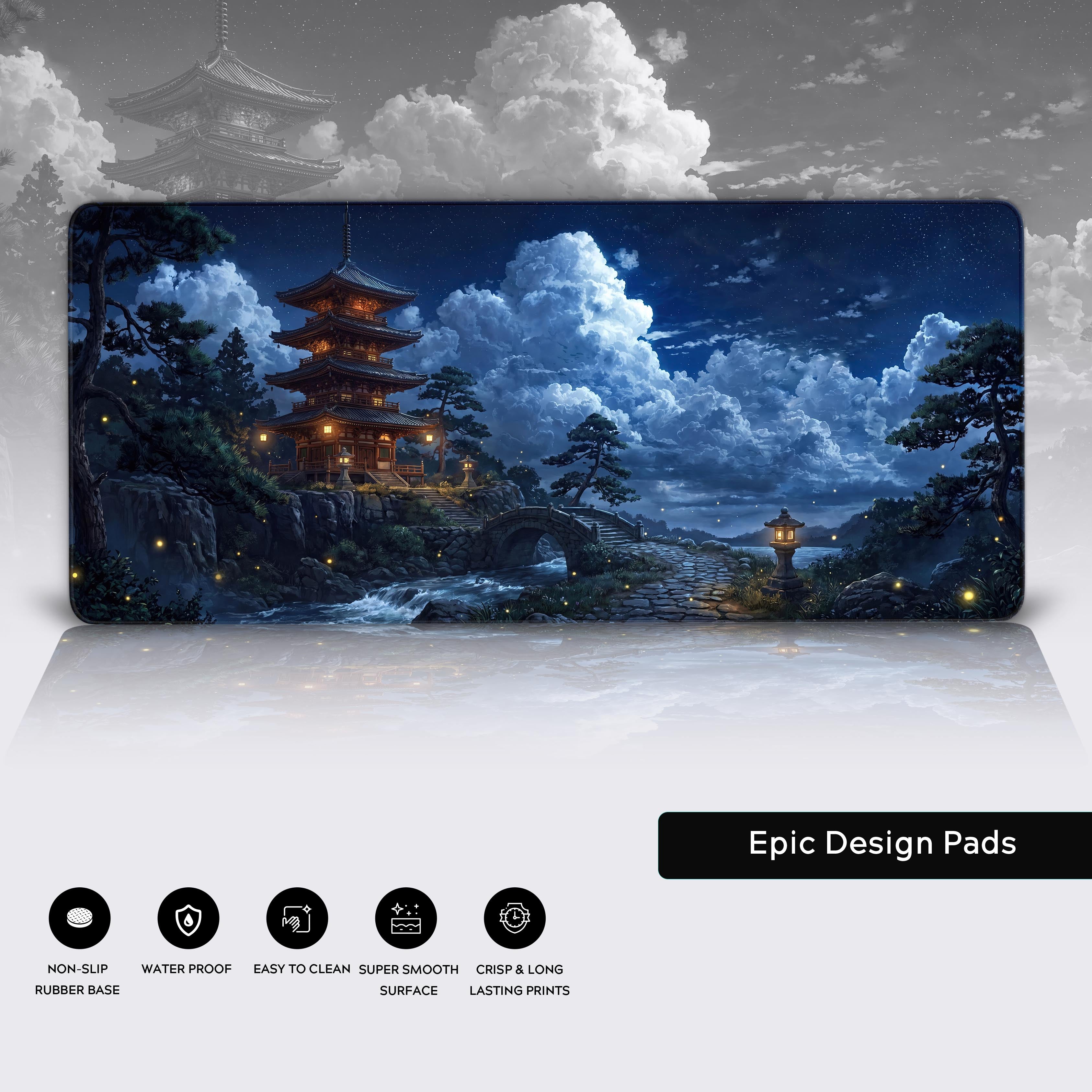 Non-slip rubber base and super smooth surface icons below the starry pagoda gaming mat