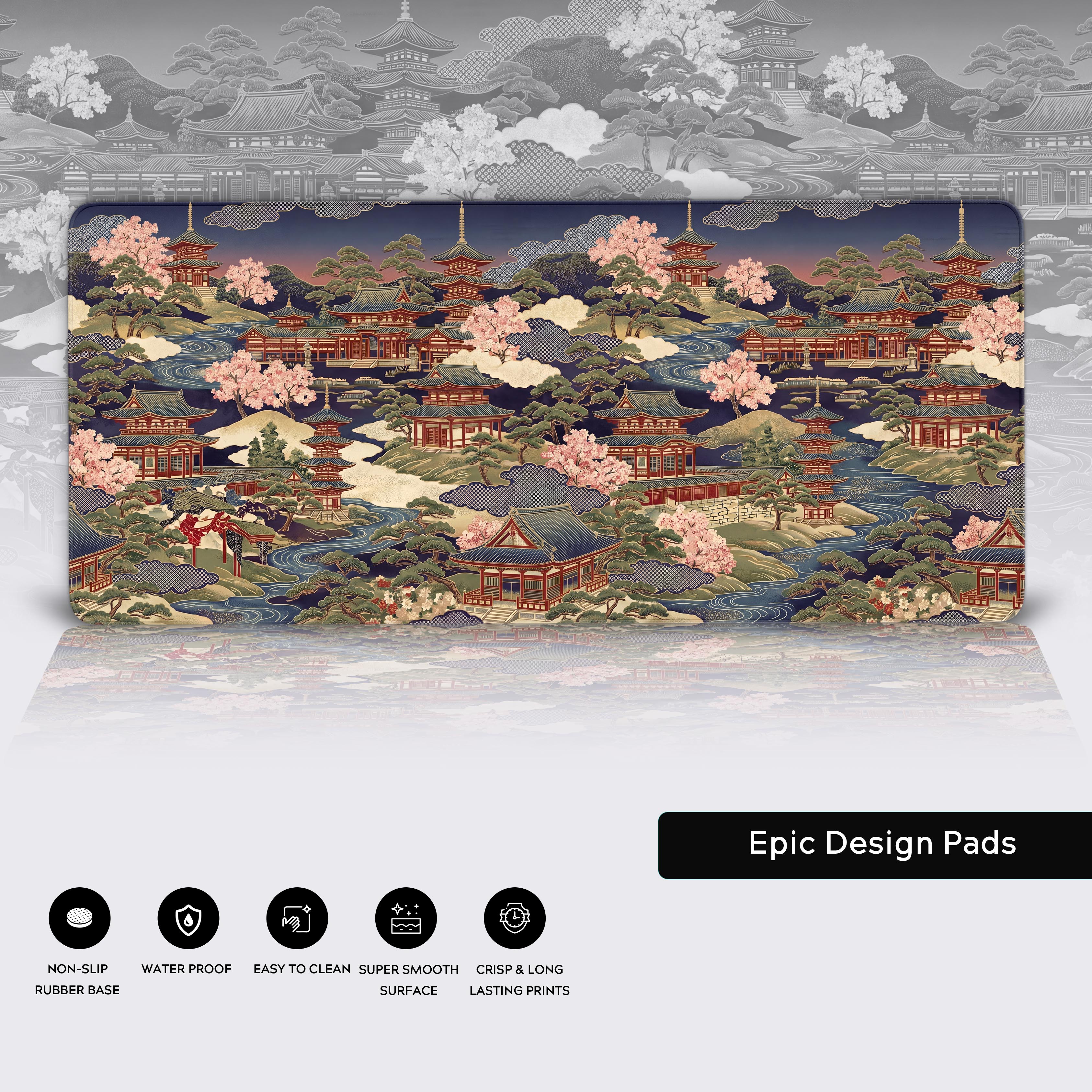 Wide view of the traditional Japanese architecture desk mat floating above a reflective surface, showcasing its vibrant aesthetic colors.