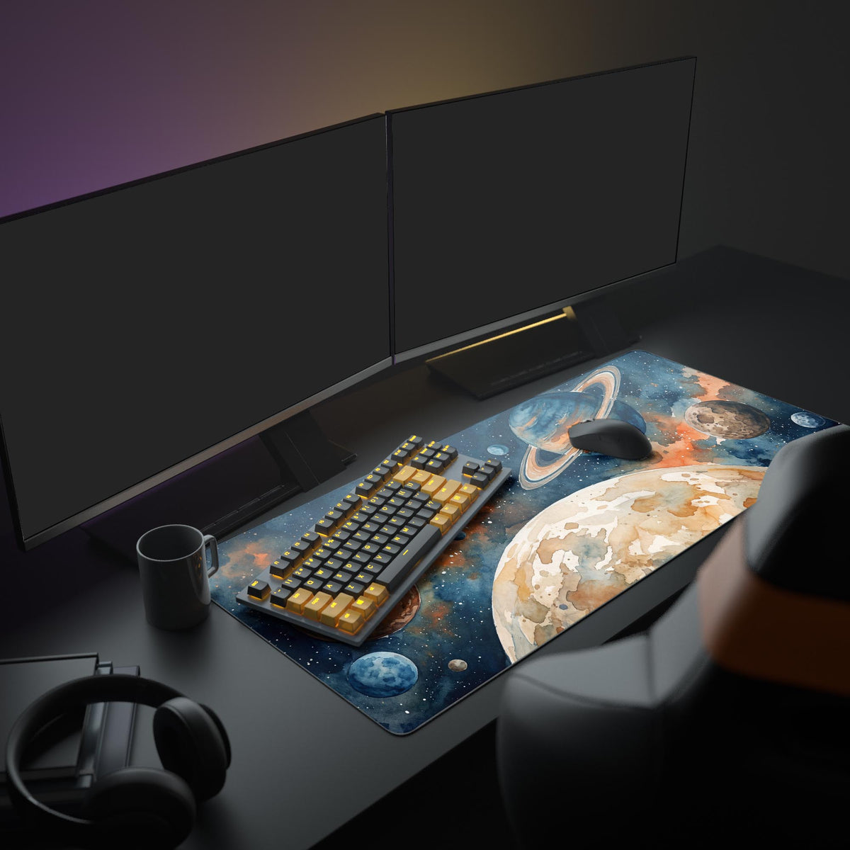 Large Painted Cosmos desk mat in an aesthetic desk setup with a monitor, keyboard, and headphones. - Epic Design Pads & Mousepads