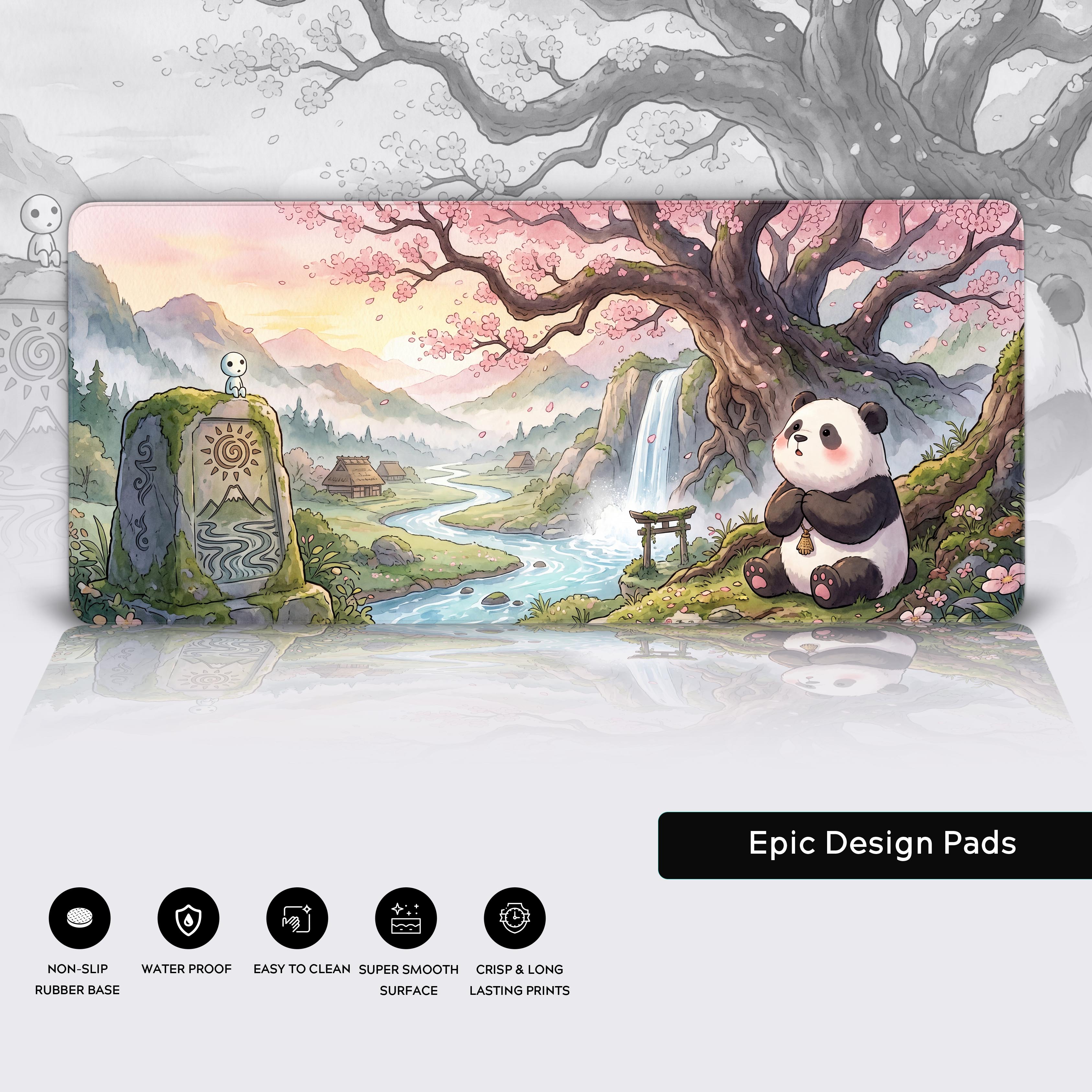 Features of the tranquil sakura panda desk mat including non-slip base and crisp prints