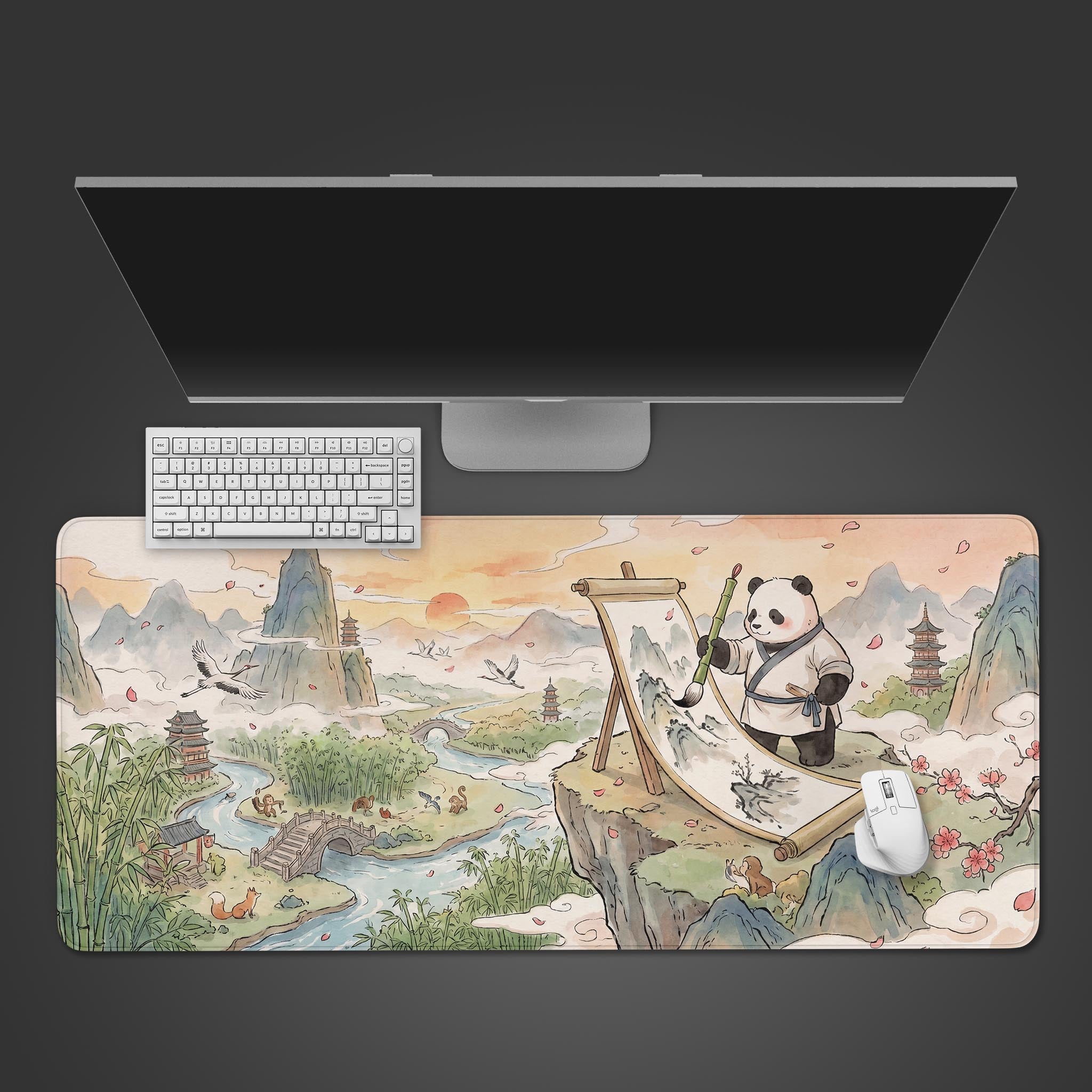 A large desk mat featuring a traditional ink wash painting of a panda drawing a landscape on a scroll.