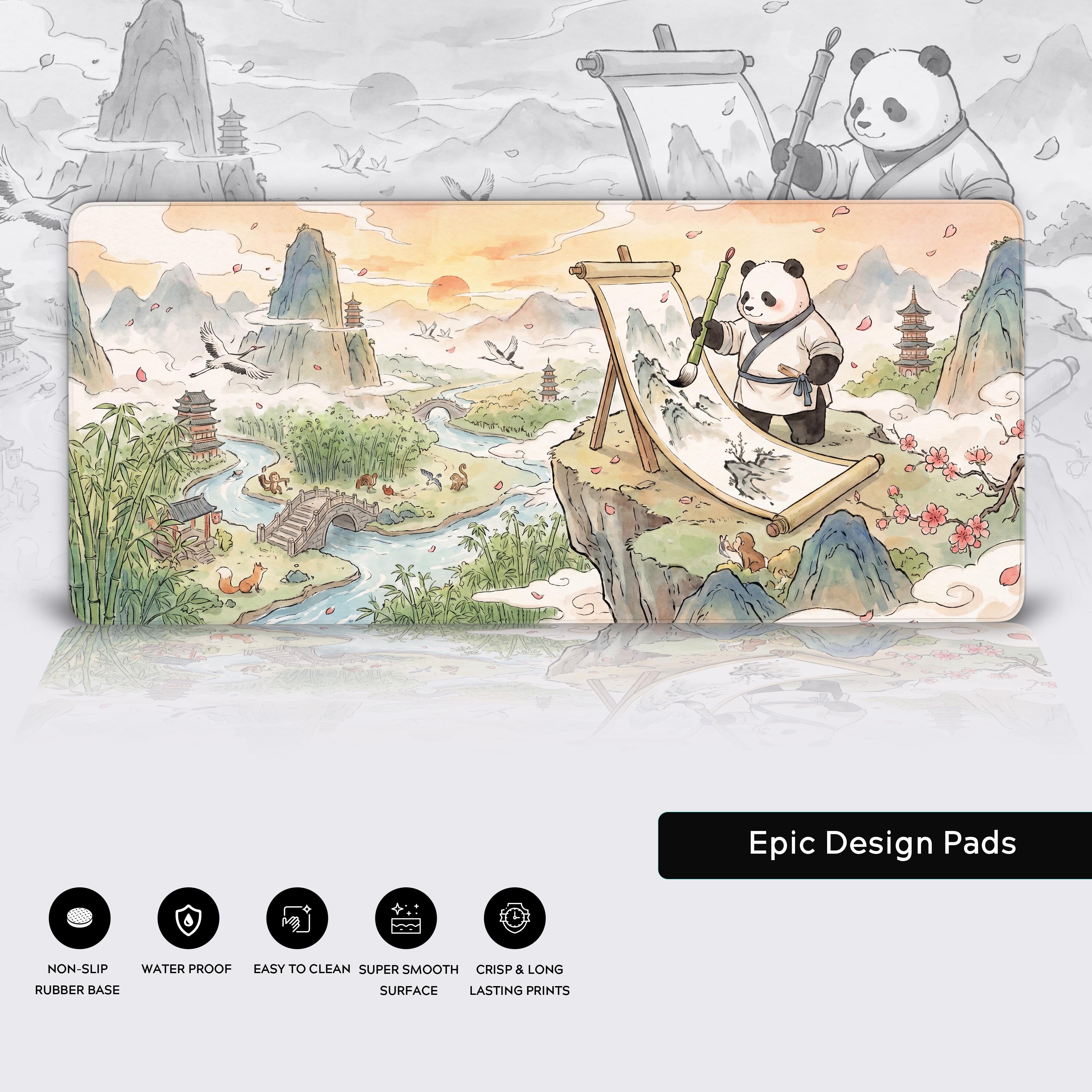 Product features graphic of the panda desk mat highlighting non-slip rubber base, waterproof surface, easy-to-clean material, and crisp prints.