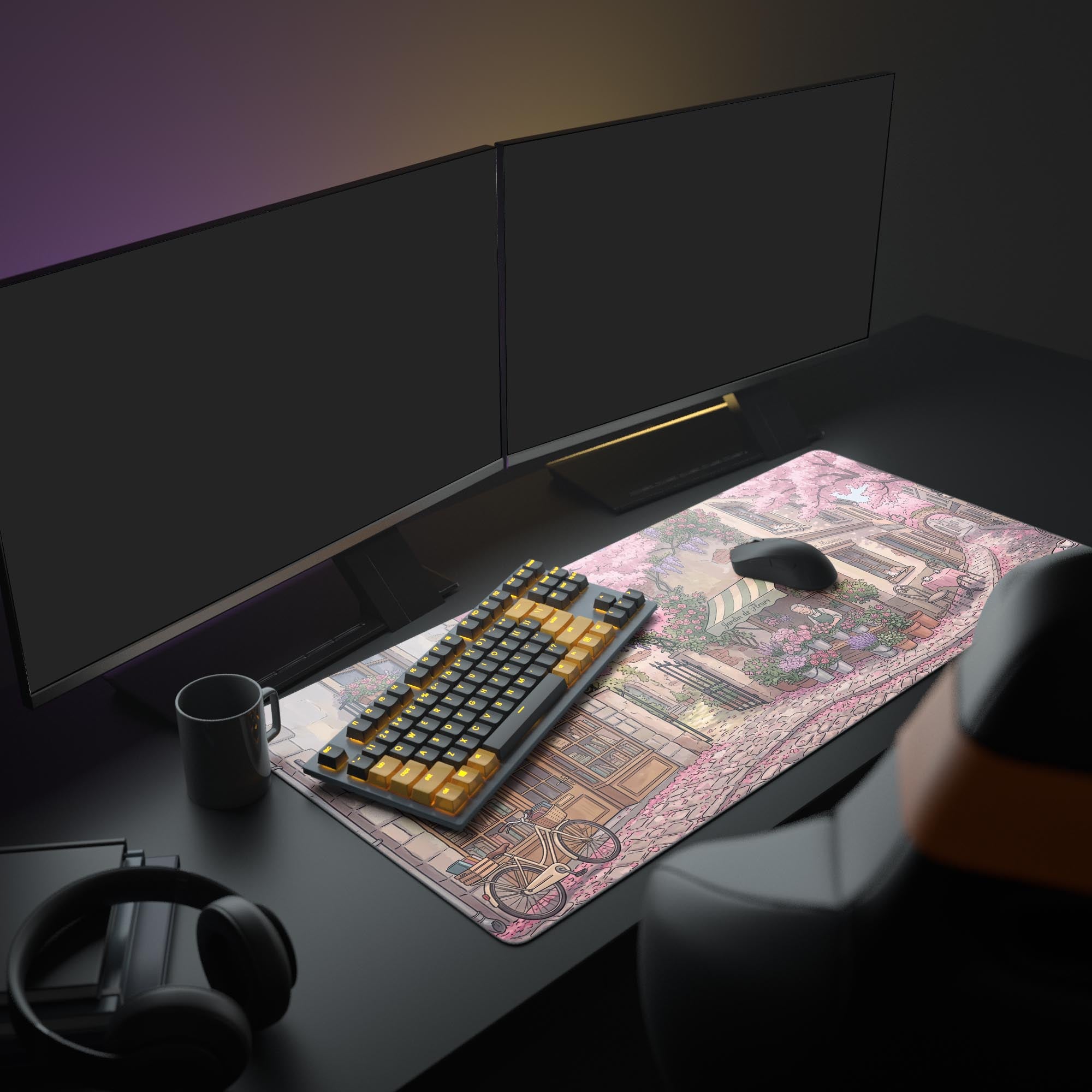 A cozy computer setup featuring the Parisian Spring mouse pad, which brightens the desk with its pink floral city design under a large monitor. - Epic Design Pads & Mousepads