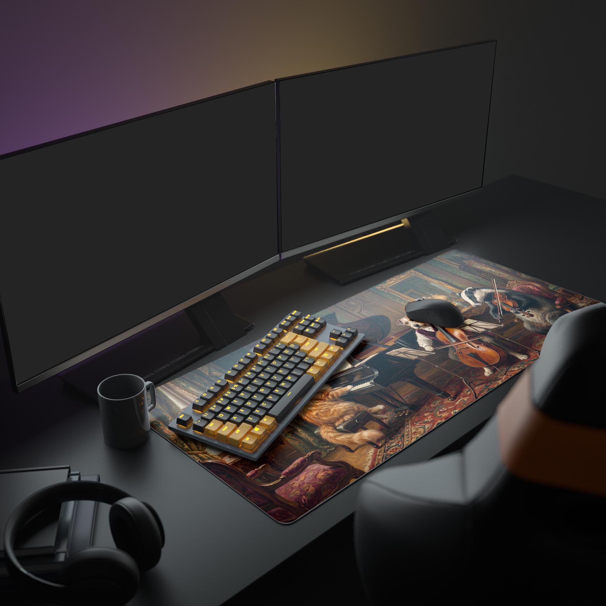 A full computer setup featuring the Parlor Concerto mouse pad, showcasing the vintage animal musician design beneath a monitor for an inspiring Dark Academia workspace. - Epic Design Pads & Mousepads