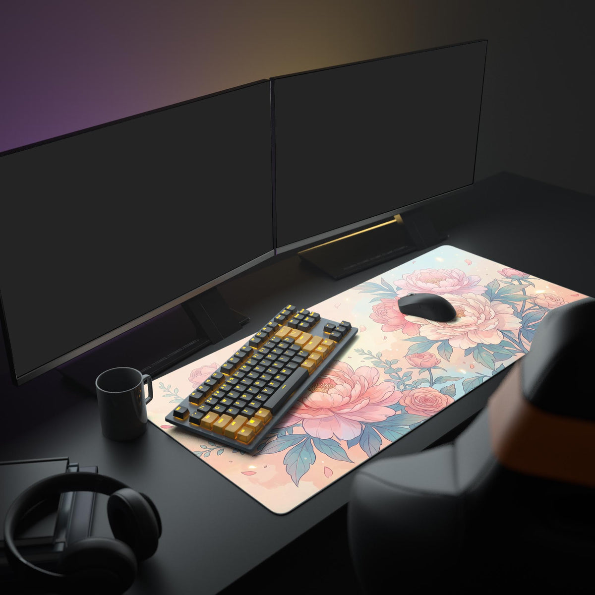 A cozy and aesthetic PC setup featuring the Pastel Bloom peony mouse pad, complementing a dual monitor display and a white gaming keyboard. - Epic Design Pads & Mousepads