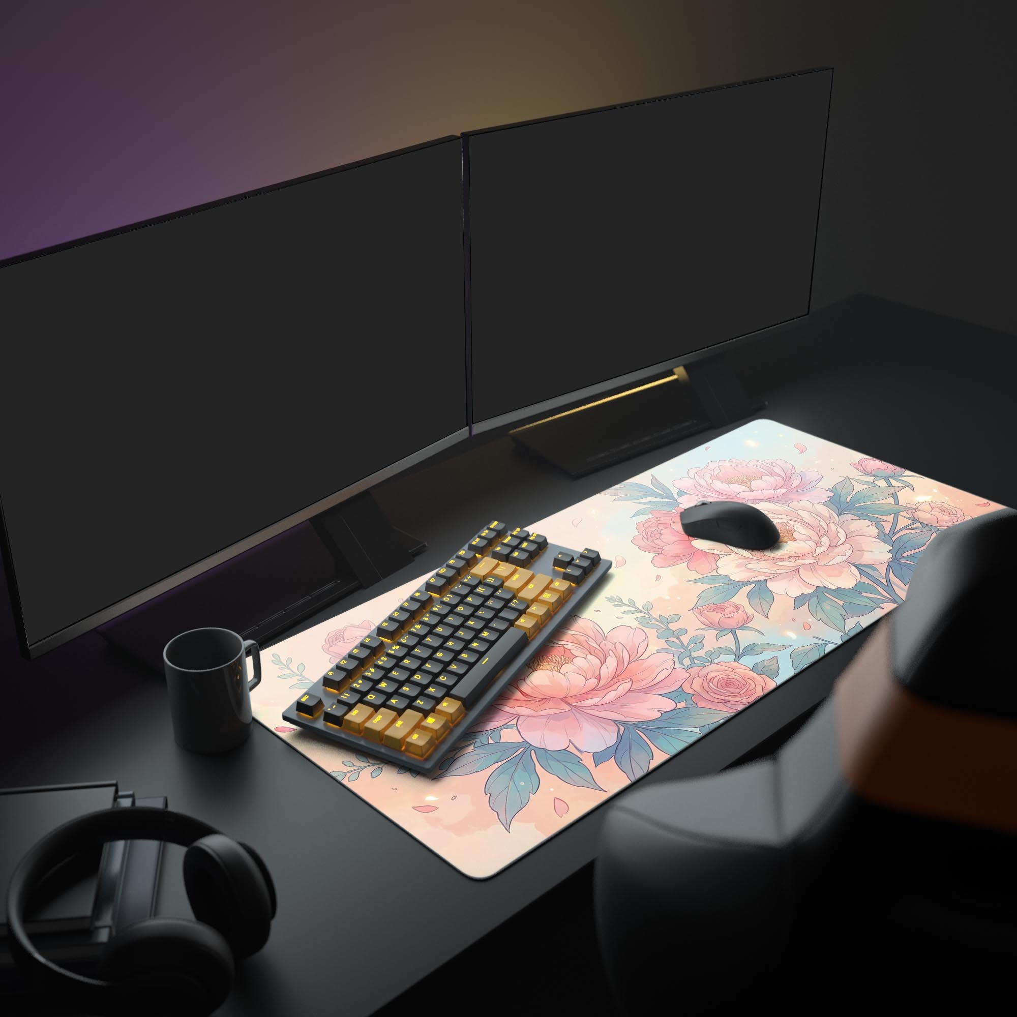 A cozy and aesthetic PC setup featuring the Pastel Bloom peony mouse pad, complementing a dual monitor display and a white gaming keyboard. - Epic Design Pads & Mousepads