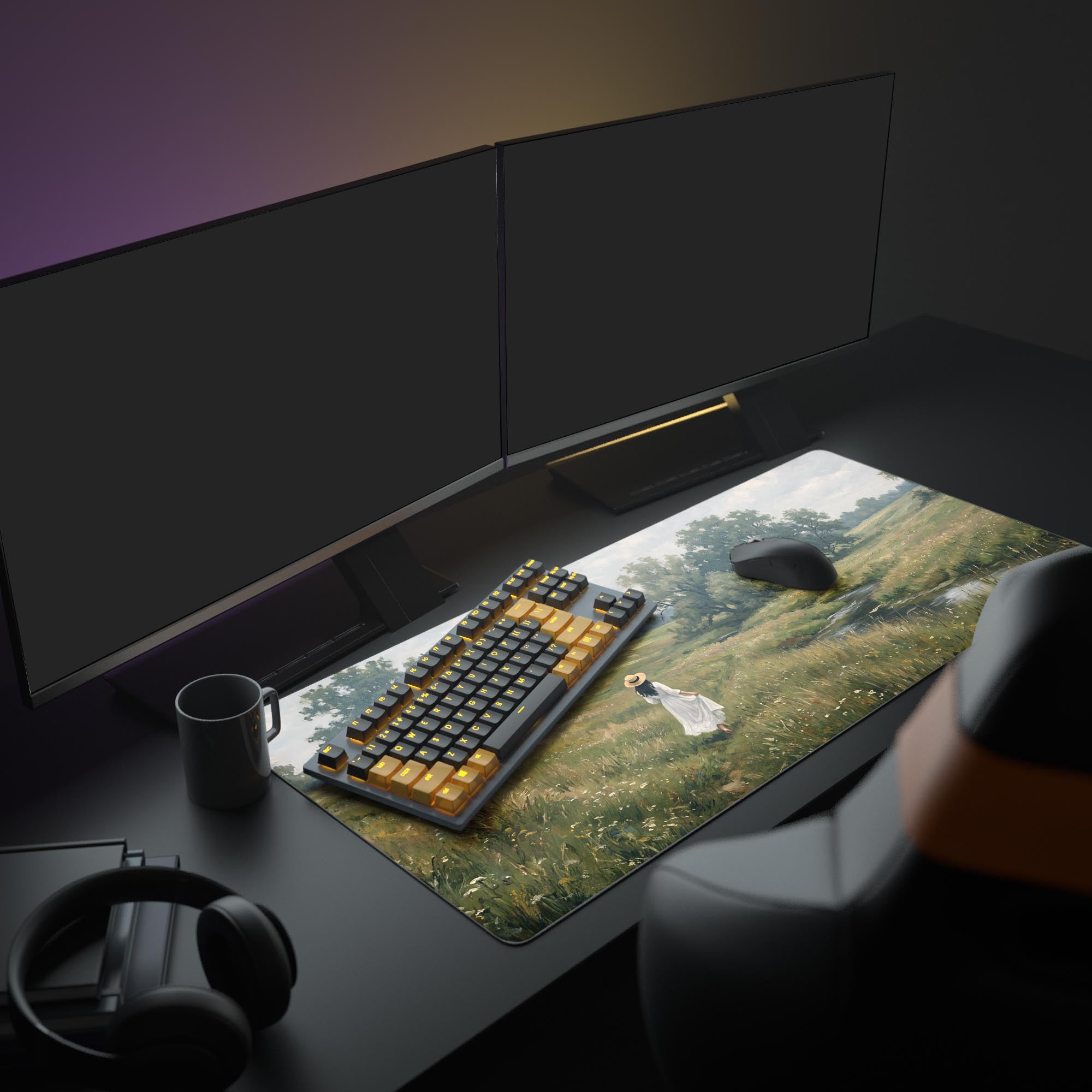 Close-up of the desk mat artwork showing detailed brushstrokes of tall grass, wildflowers, and water reflections.
