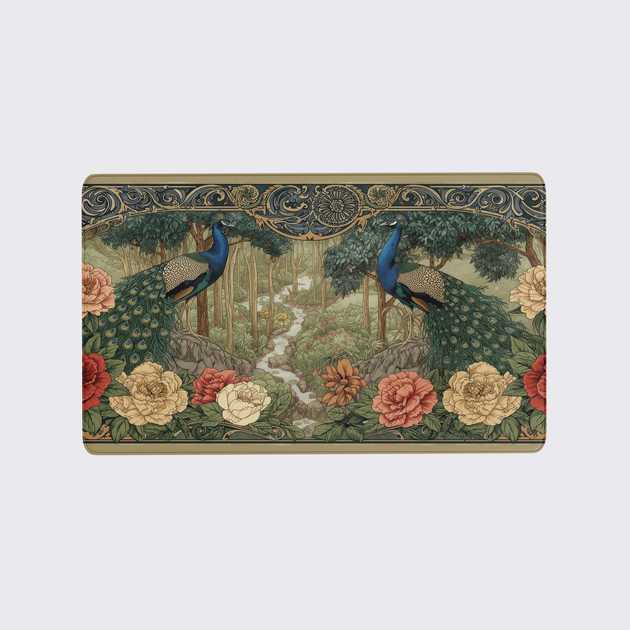 Art Nouveau style TCG playmat featuring two elegant peacocks in a lush forest garden with ornate floral and geometric border - Epic Design Pads & Mousepads