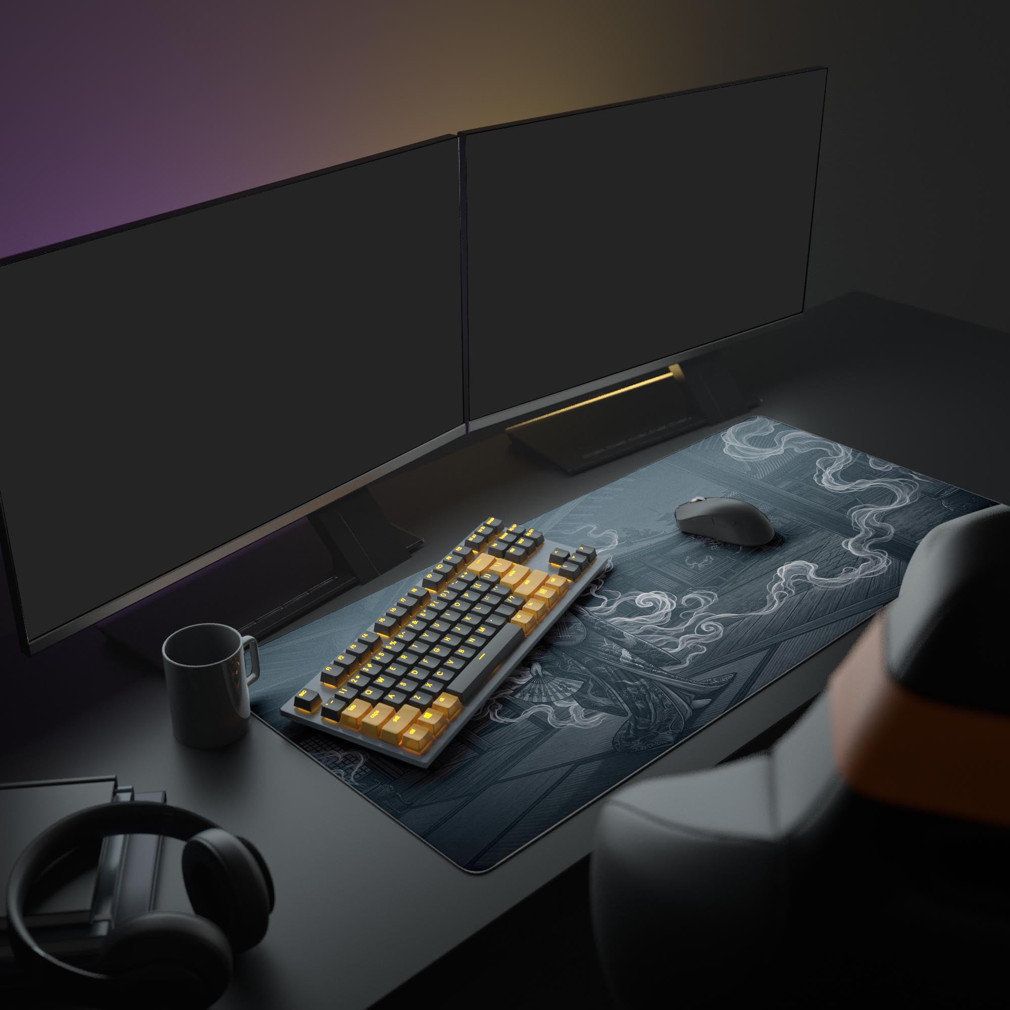 The Phantom Melody anime mouse pad anchors a clean gaming setup, displayed beneath a monitor with a sleek white mechanical keyboard and wireless mouse. - Epic Design Pads & Mousepads