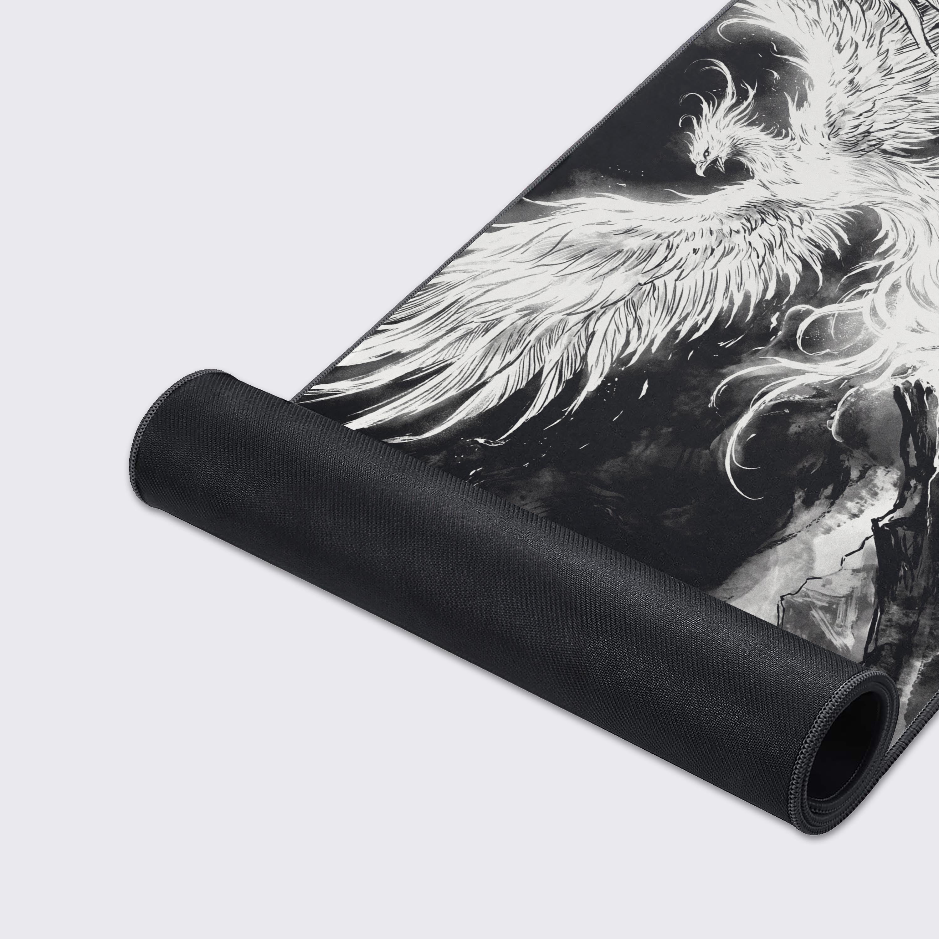 Product features of the Phoenix desk mat including waterproof, non-slip base, and easy to clean icons.