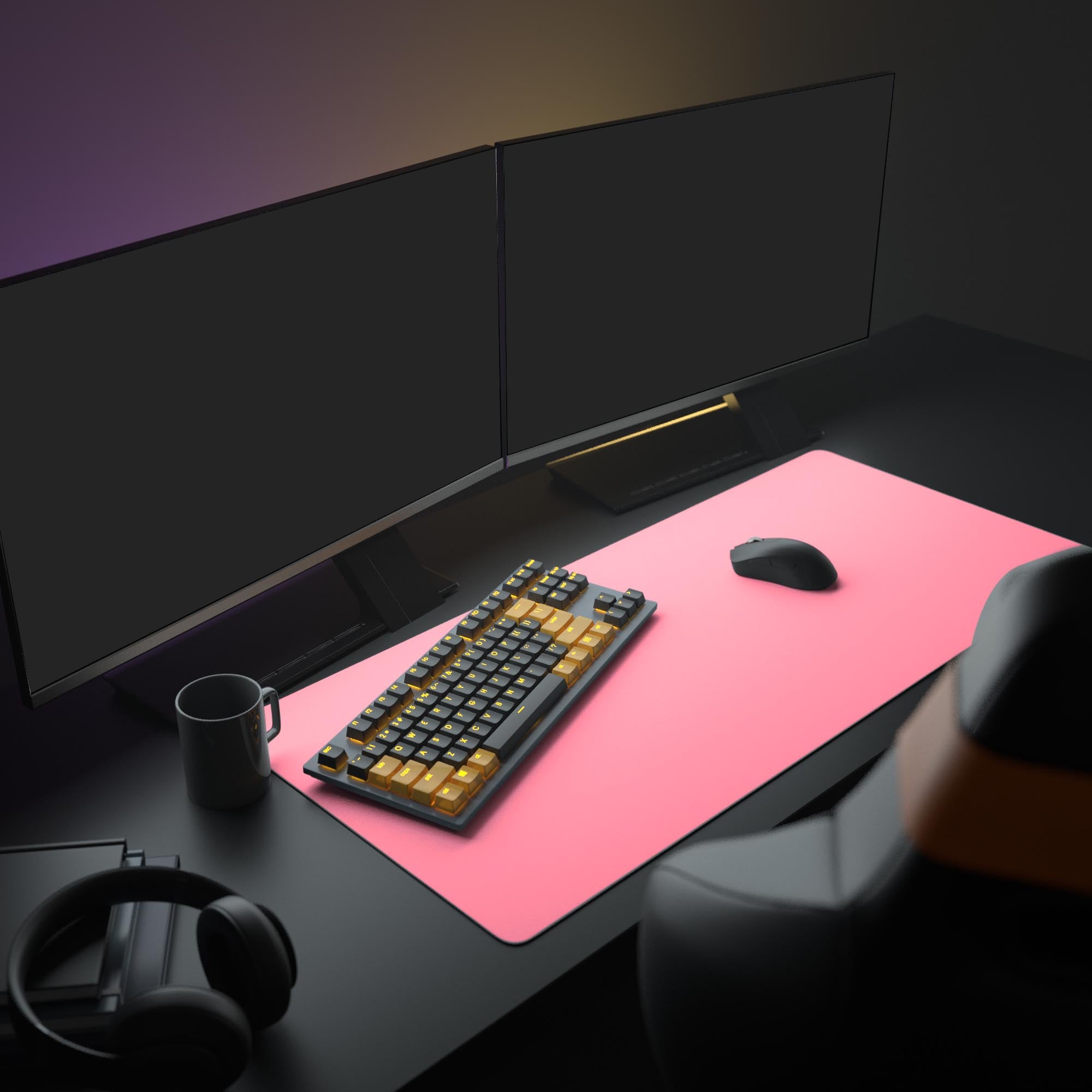 The Solid Pink mouse pad anchors a modern PC setup, providing a vibrant pop of color beneath dual monitors, a glowing keyboard, and a matching mouse. - Epic Design Pads & Mousepads